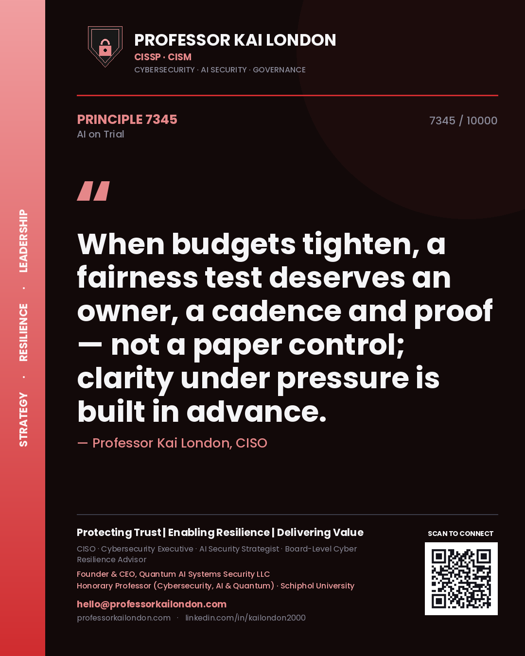 Professor Kai London principle 7345: When budgets tighten, a fairness test deserves an owner, a cadence and proof — not a paper control; clarity under pressure is built in advance.