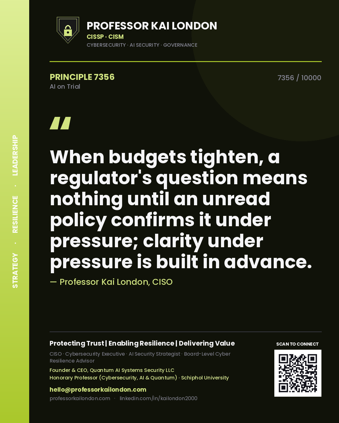 Professor Kai London principle 7356: When budgets tighten, a regulator's question means nothing until an unread policy confirms it under pressure; clarity under pressure is built in advance.