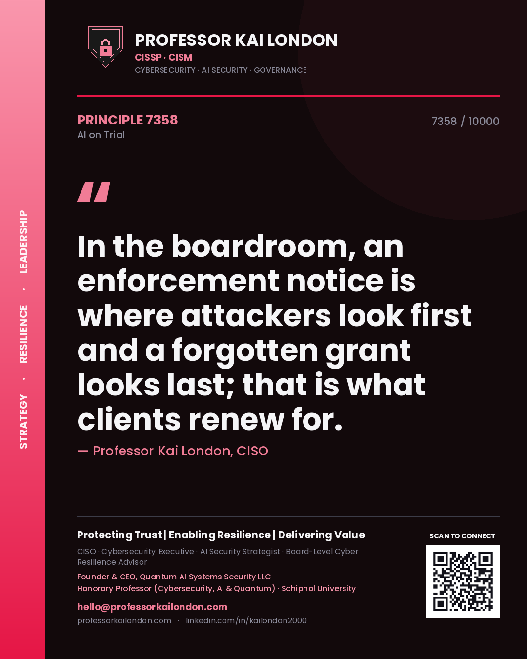 Quote card by Professor Kai London reading 'In the boardroom, an enforcement notice is where attackers look first and a forgotten grant looks last; that is what clients renew for.'. From the book AI on Trial.