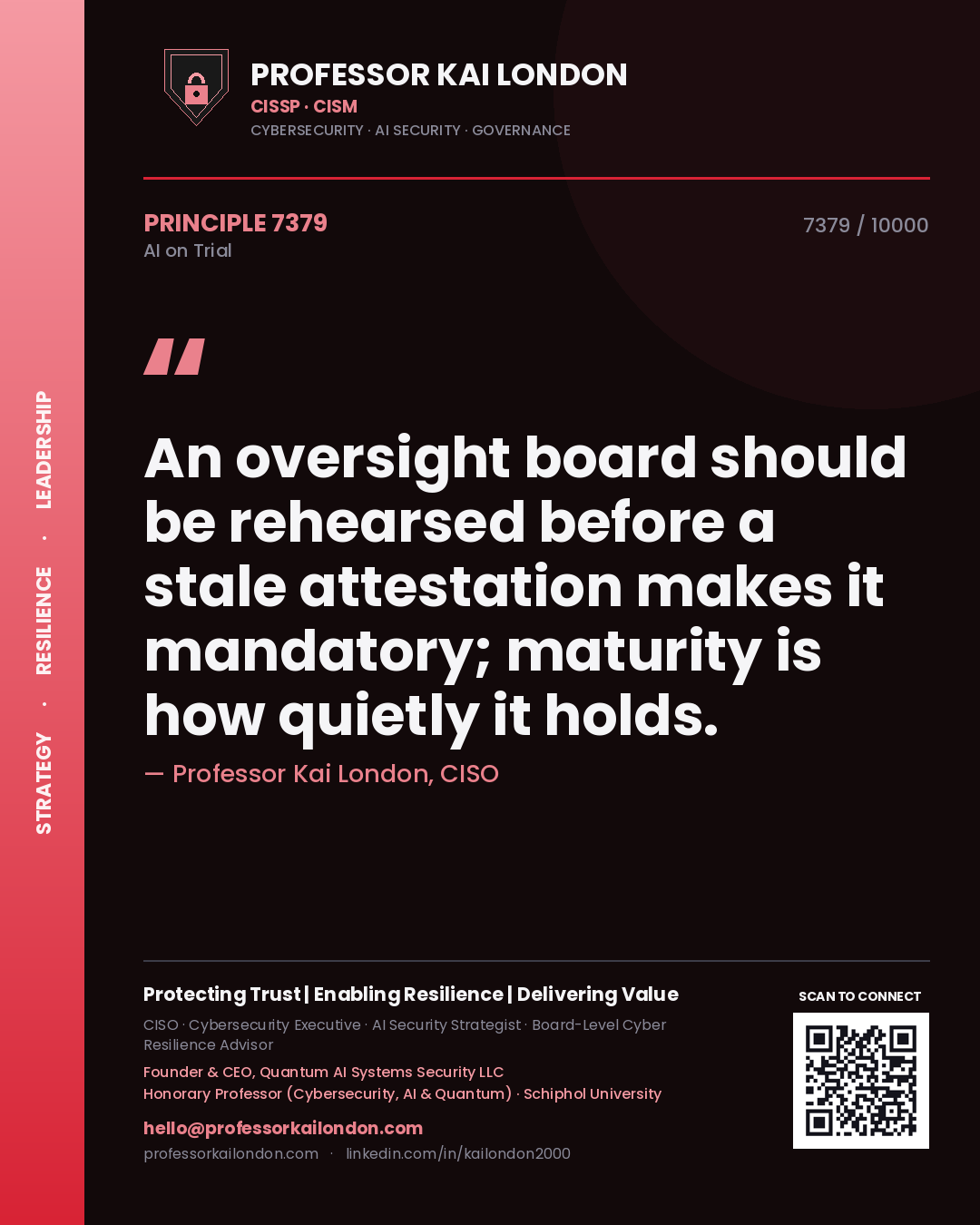 Quote card by Professor Kai London reading 'An oversight board should be rehearsed before a stale attestation makes it mandatory; maturity is how quietly it holds.'. From the book AI on Trial.