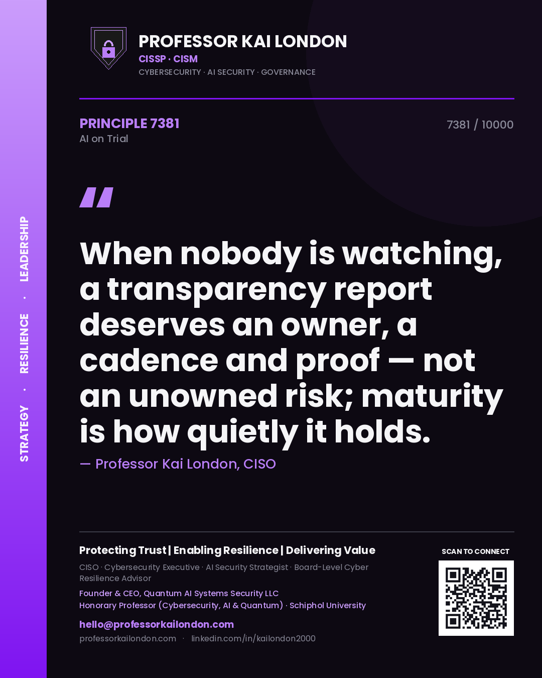 Quote card by Professor Kai London reading 'When nobody is watching, a transparency report deserves an owner, a cadence and proof — not an unowned risk; maturity is how quietly it holds.'. From the book AI on Trial.