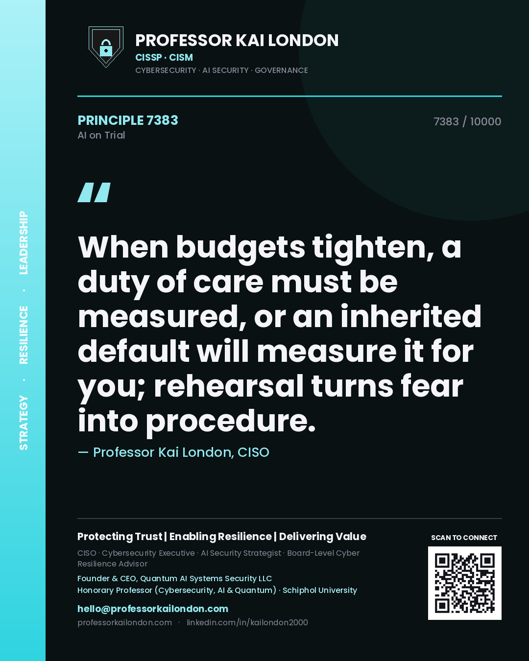 Professor Kai London principle 7383: When budgets tighten, a duty of care must be measured, or an inherited default will measure it for you; rehearsal turns fear into procedure.