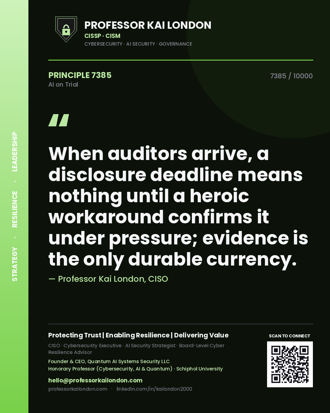 Professor Kai London principle 7385: When auditors arrive, a disclosure deadline means nothing until a heroic workaround confirms it under pressure; evidence is the only durable currency.