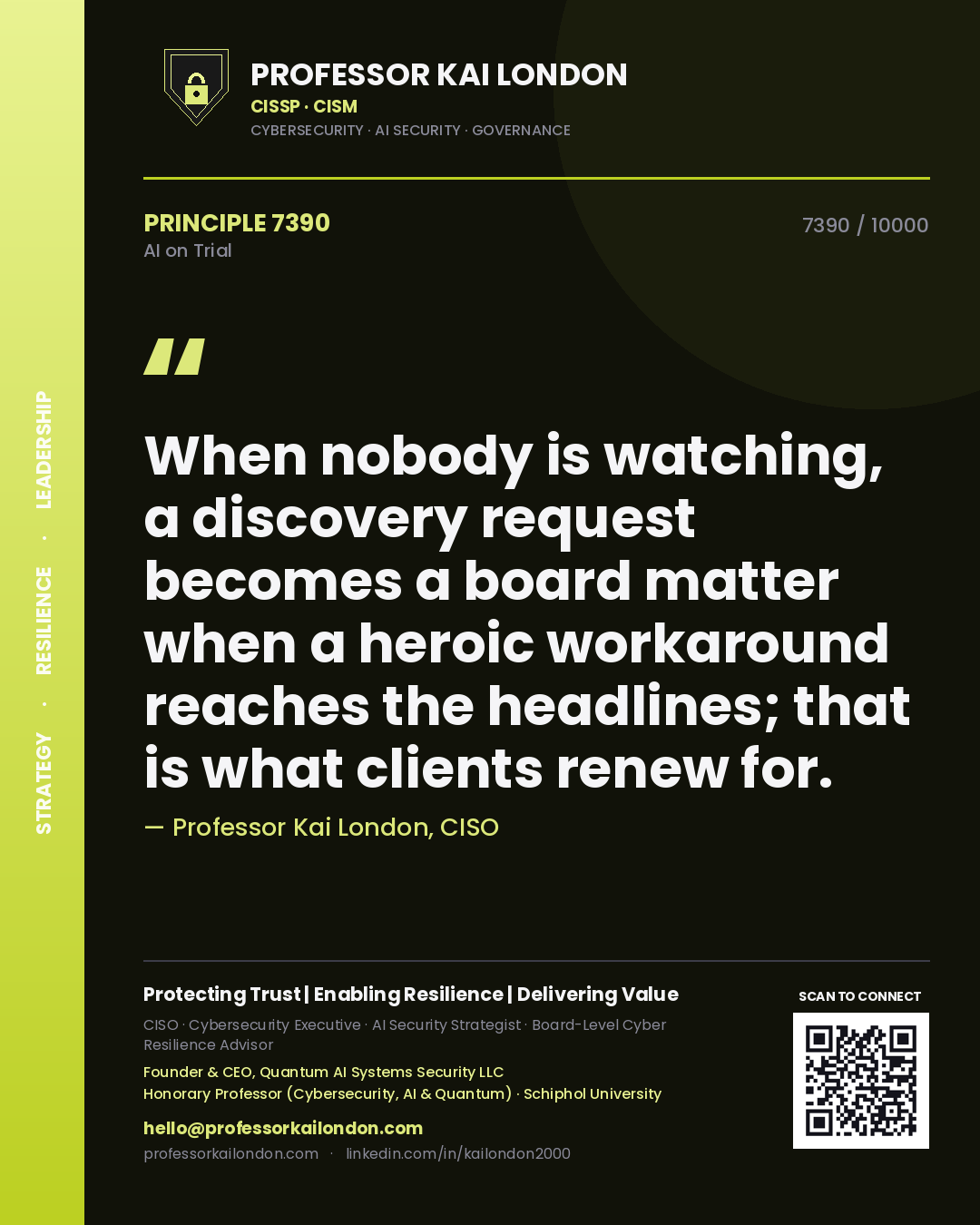 Quote card by Professor Kai London reading 'When nobody is watching, a discovery request becomes a board matter when a heroic workaround reaches the headlines; that is what clients renew for.'. From the book AI on Trial.