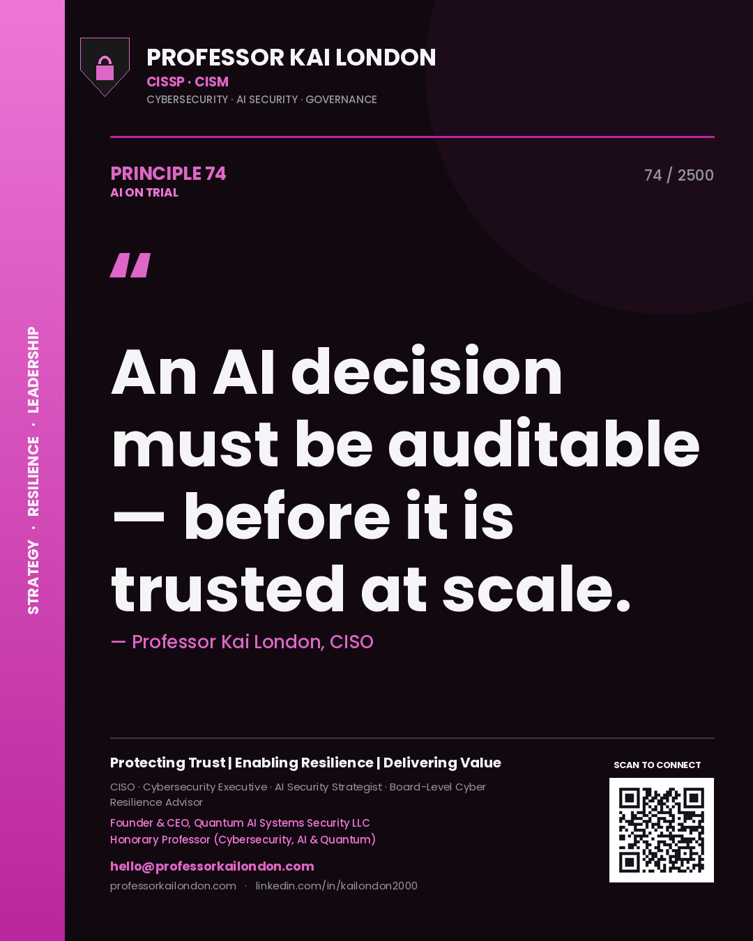 Professor Kai London principle 74: An AI decision must be auditable — before it is trusted at scale.