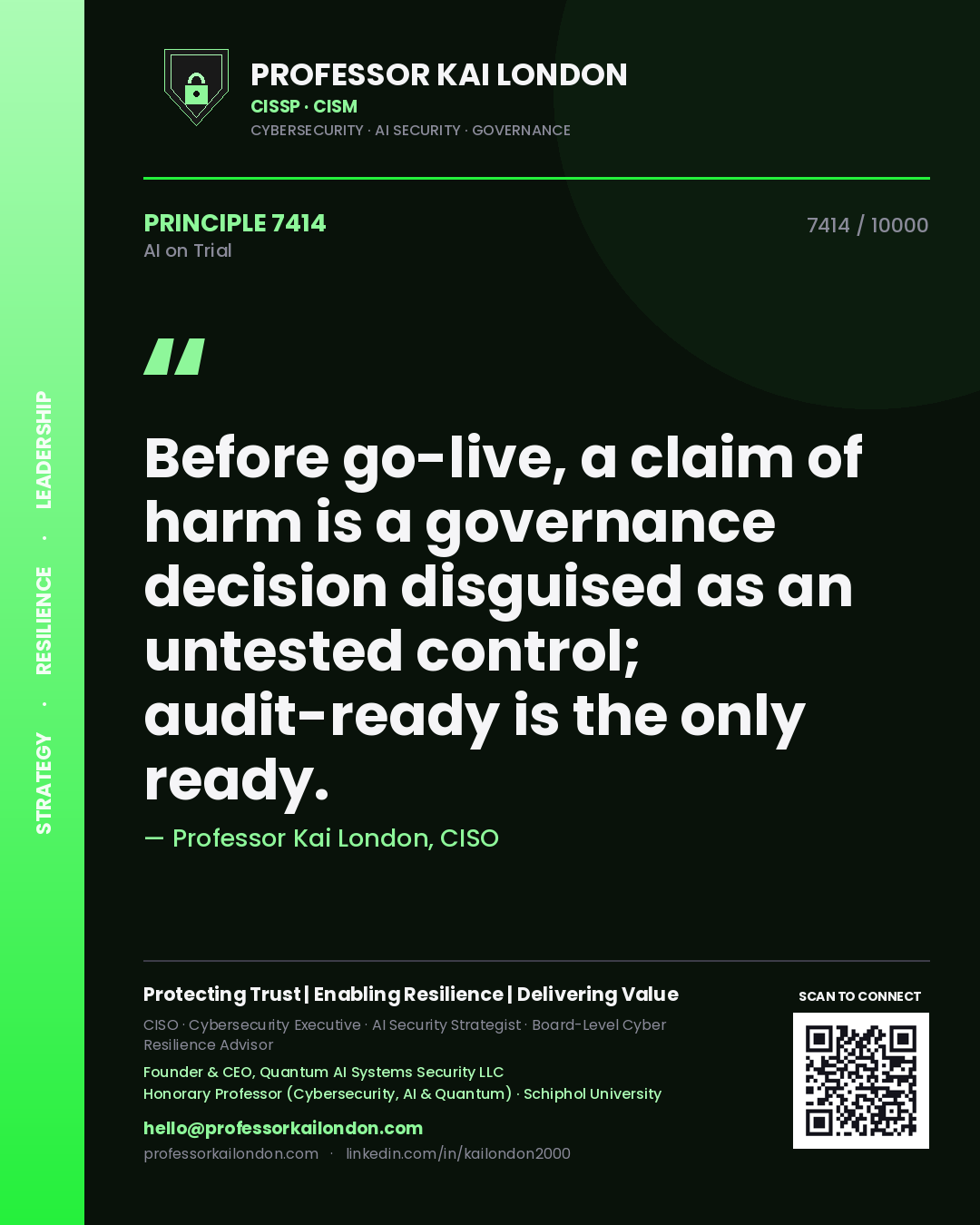 Professor Kai London principle 7414: Before go-live, a claim of harm is a governance decision disguised as an untested control; audit-ready is the only ready.
