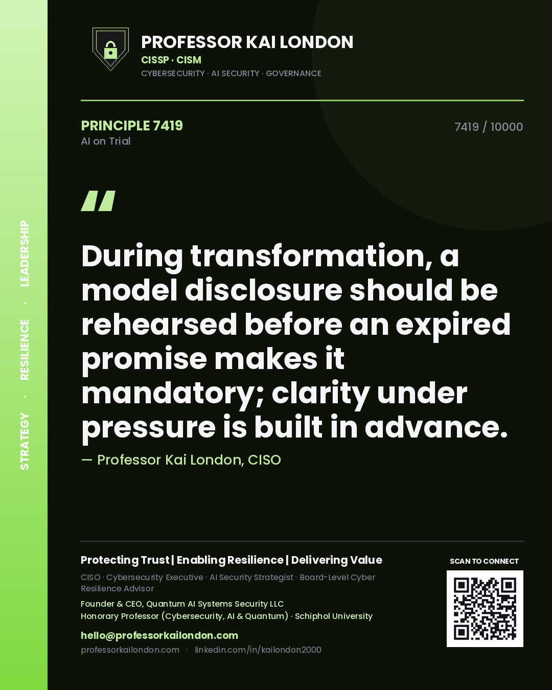 Quote card by Professor Kai London reading 'During transformation, a model disclosure should be rehearsed before an expired promise makes it mandatory; clarity under pressure is built in advance.'. From the book AI on Trial.