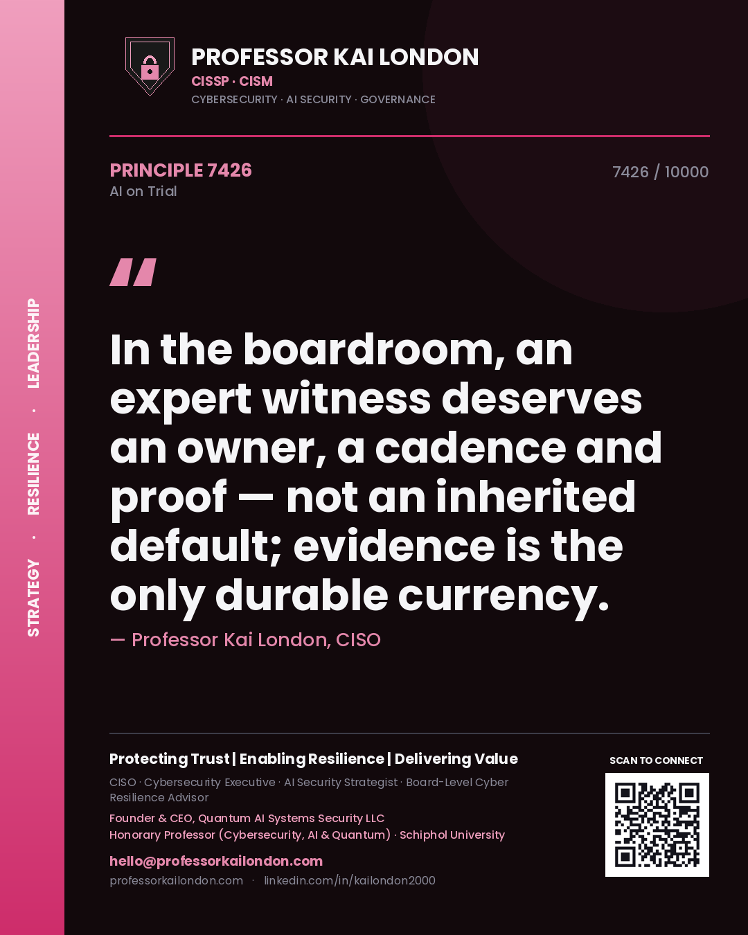 Professor Kai London principle 7426: In the boardroom, an expert witness deserves an owner, a cadence and proof — not an inherited default; evidence is the only durable currency.