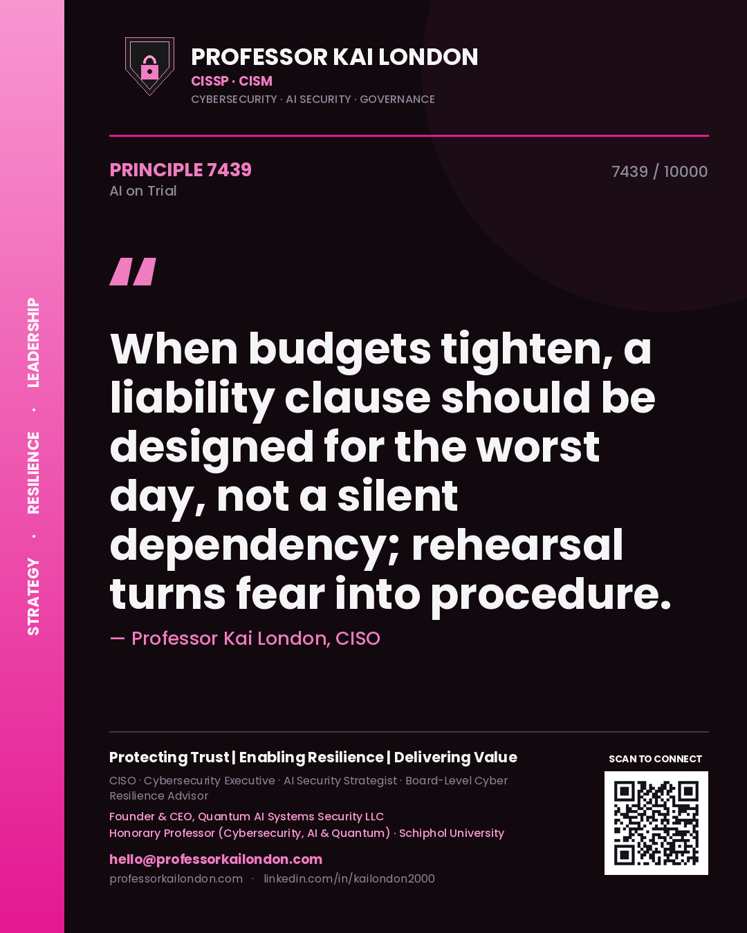 Quote card by Professor Kai London reading 'When budgets tighten, a liability clause should be designed for the worst day, not a silent dependency; rehearsal turns fear into procedure.'. From the book AI on Trial.