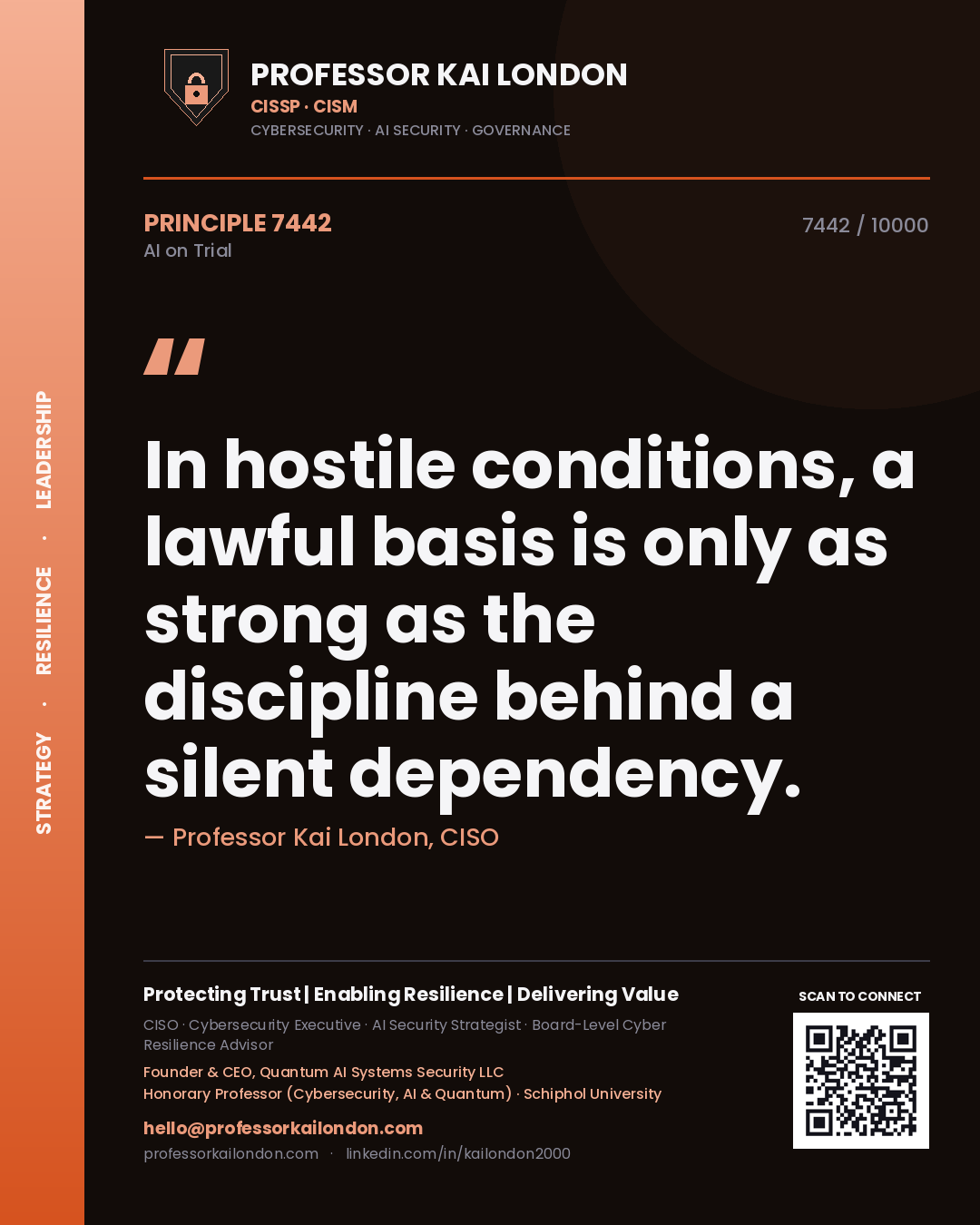 Quote card by Professor Kai London reading 'In hostile conditions, a lawful basis is only as strong as the discipline behind a silent dependency.'. From the book AI on Trial.