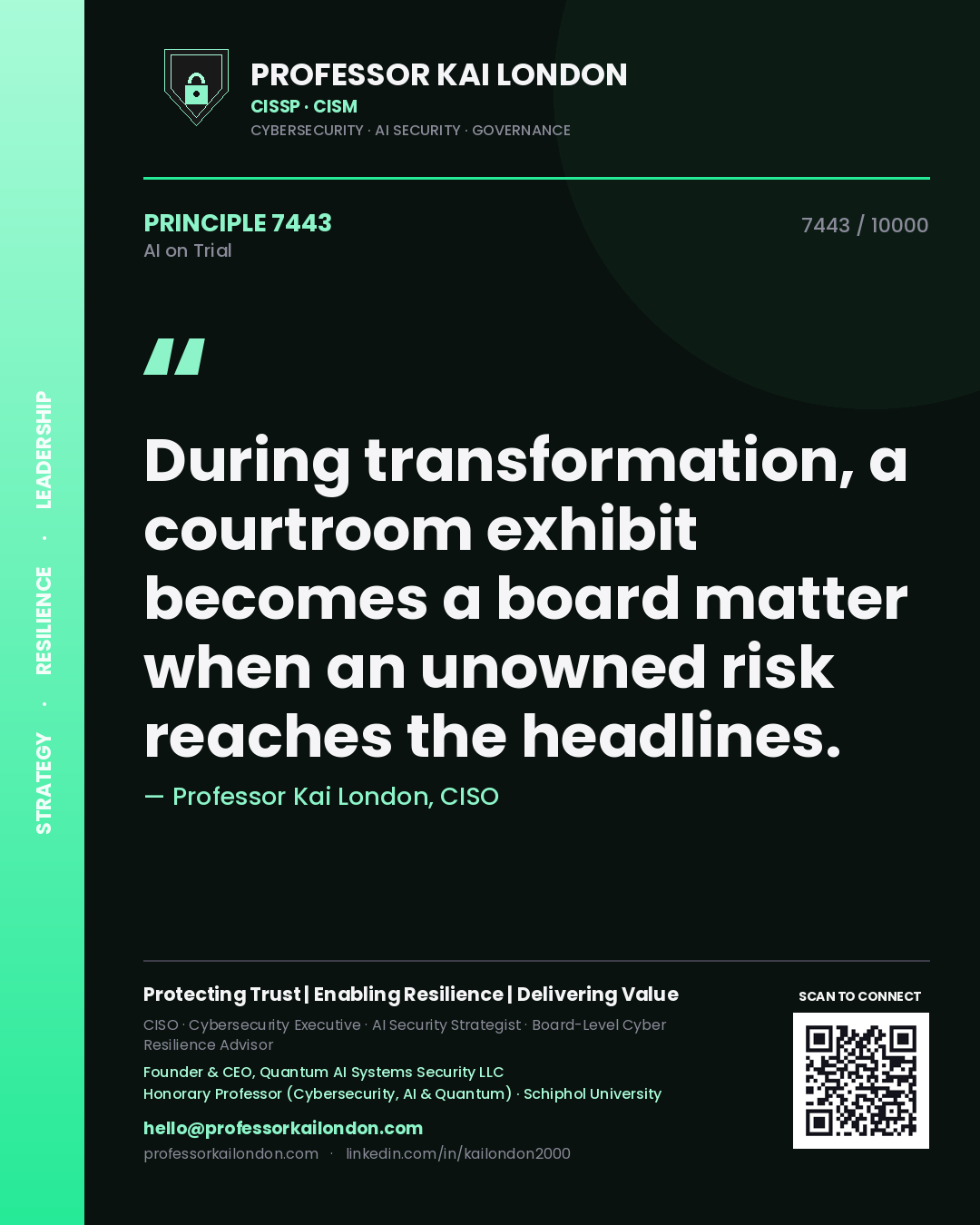 Professor Kai London principle 7443: During transformation, a courtroom exhibit becomes a board matter when an unowned risk reaches the headlines.
