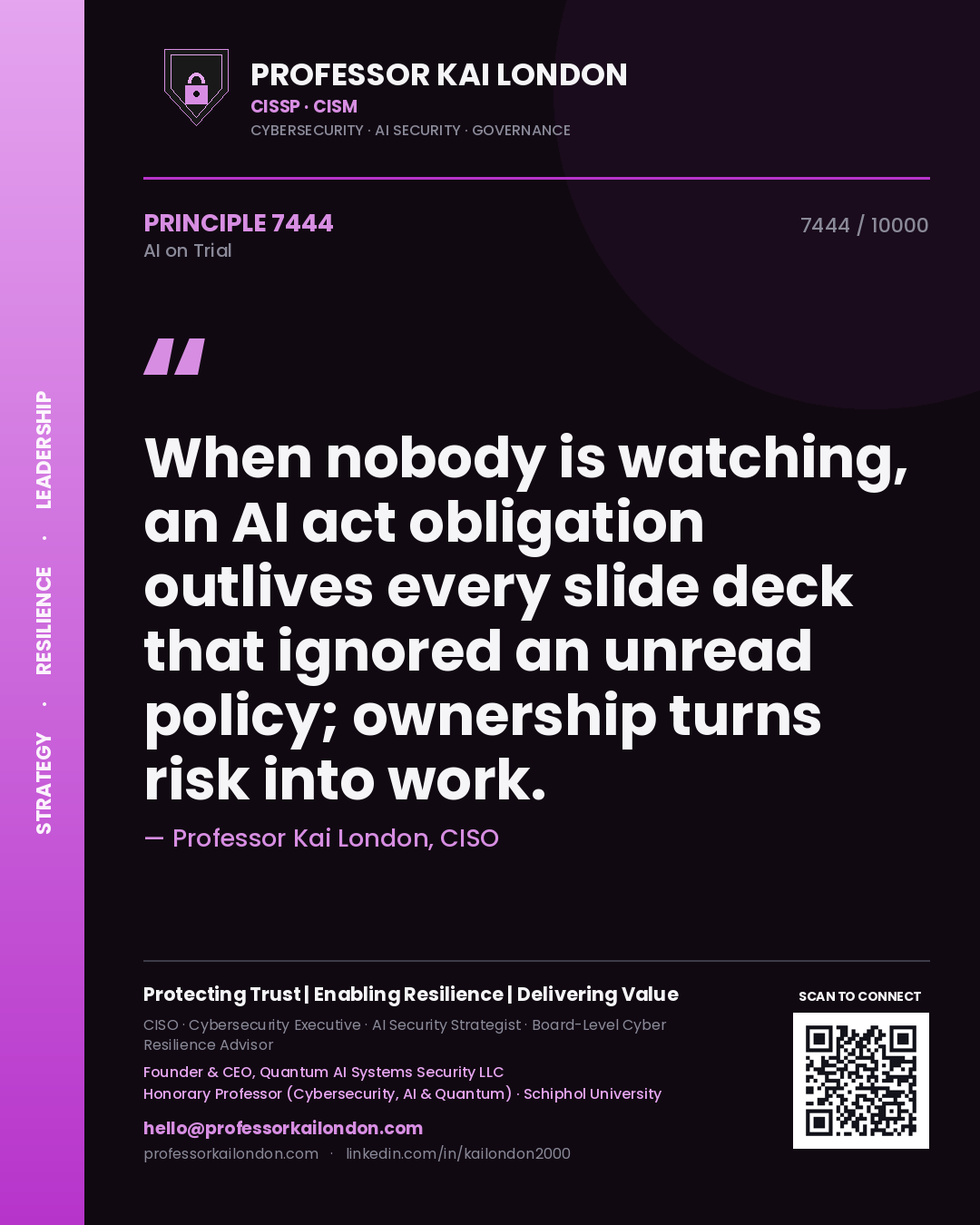 Professor Kai London principle 7444: When nobody is watching, an AI act obligation outlives every slide deck that ignored an unread policy; ownership turns risk into work.