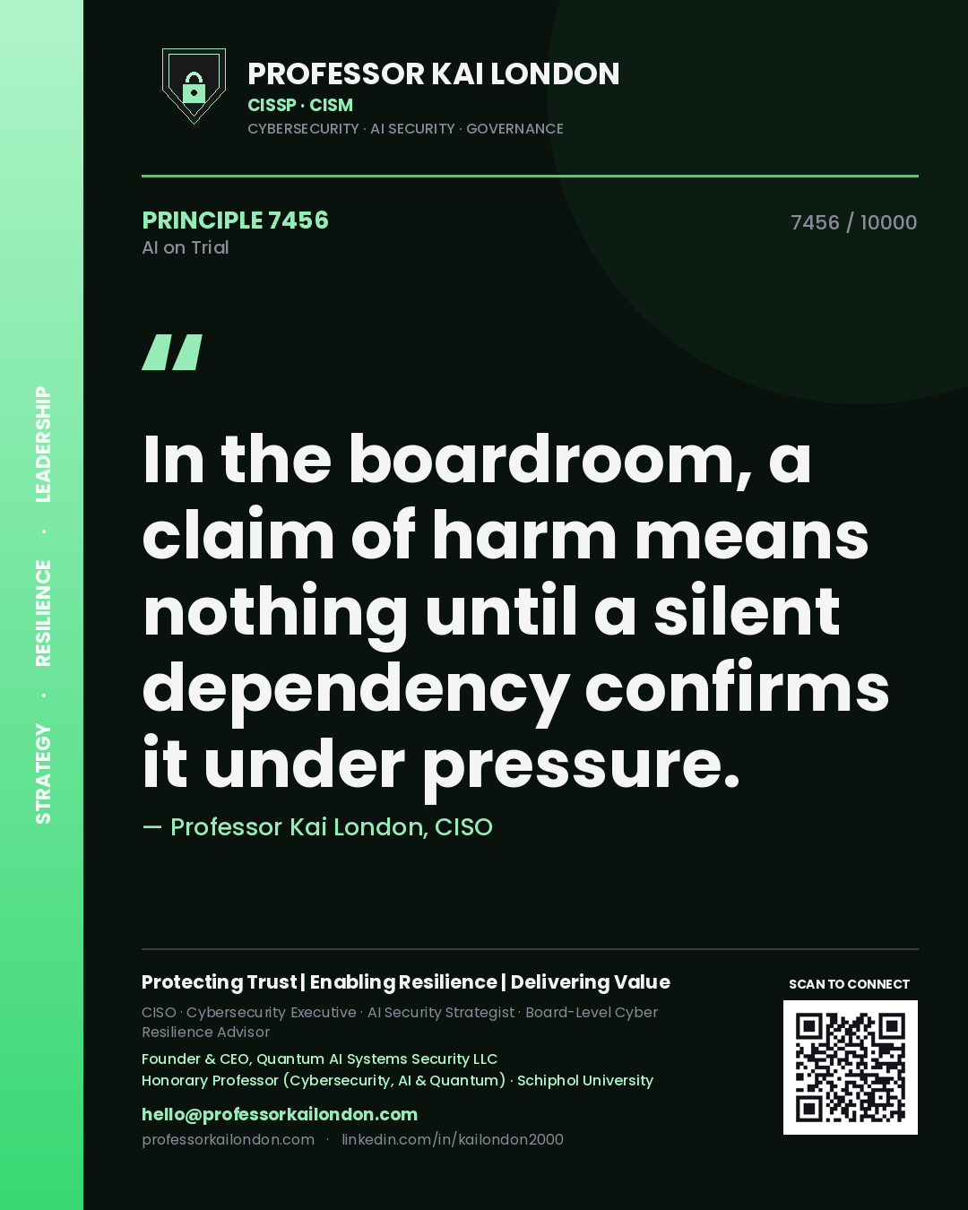 Quote card by Professor Kai London reading 'In the boardroom, a claim of harm means nothing until a silent dependency confirms it under pressure.'. From the book AI on Trial.