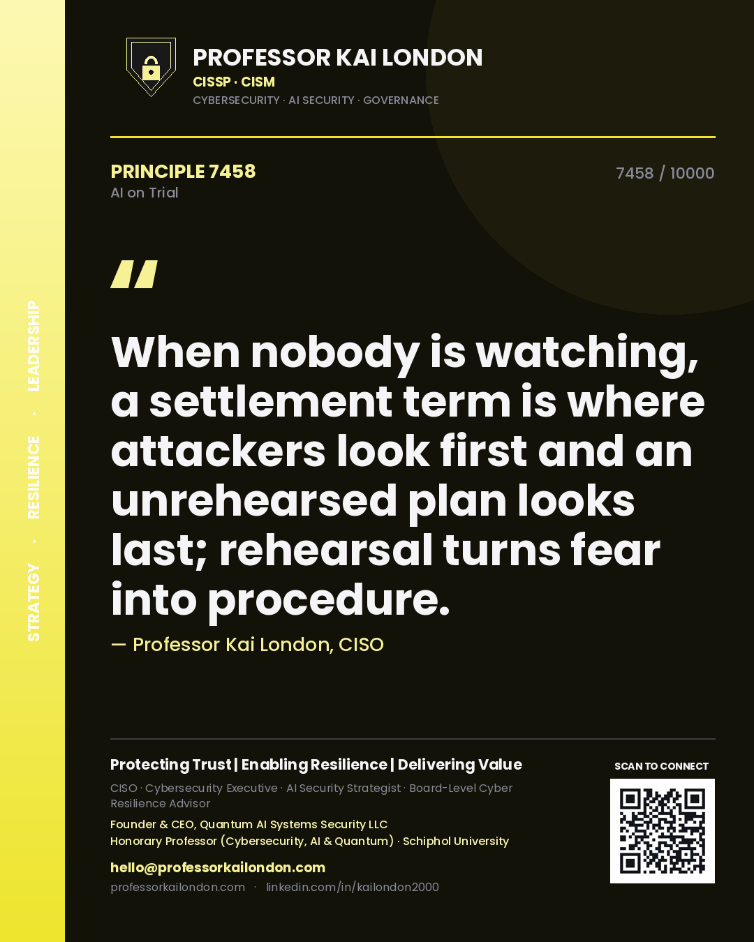 Quote card by Professor Kai London reading 'When nobody is watching, a settlement term is where attackers look first and an unrehearsed plan looks last; rehearsal turns fear into procedure.'. From the book AI on Trial.