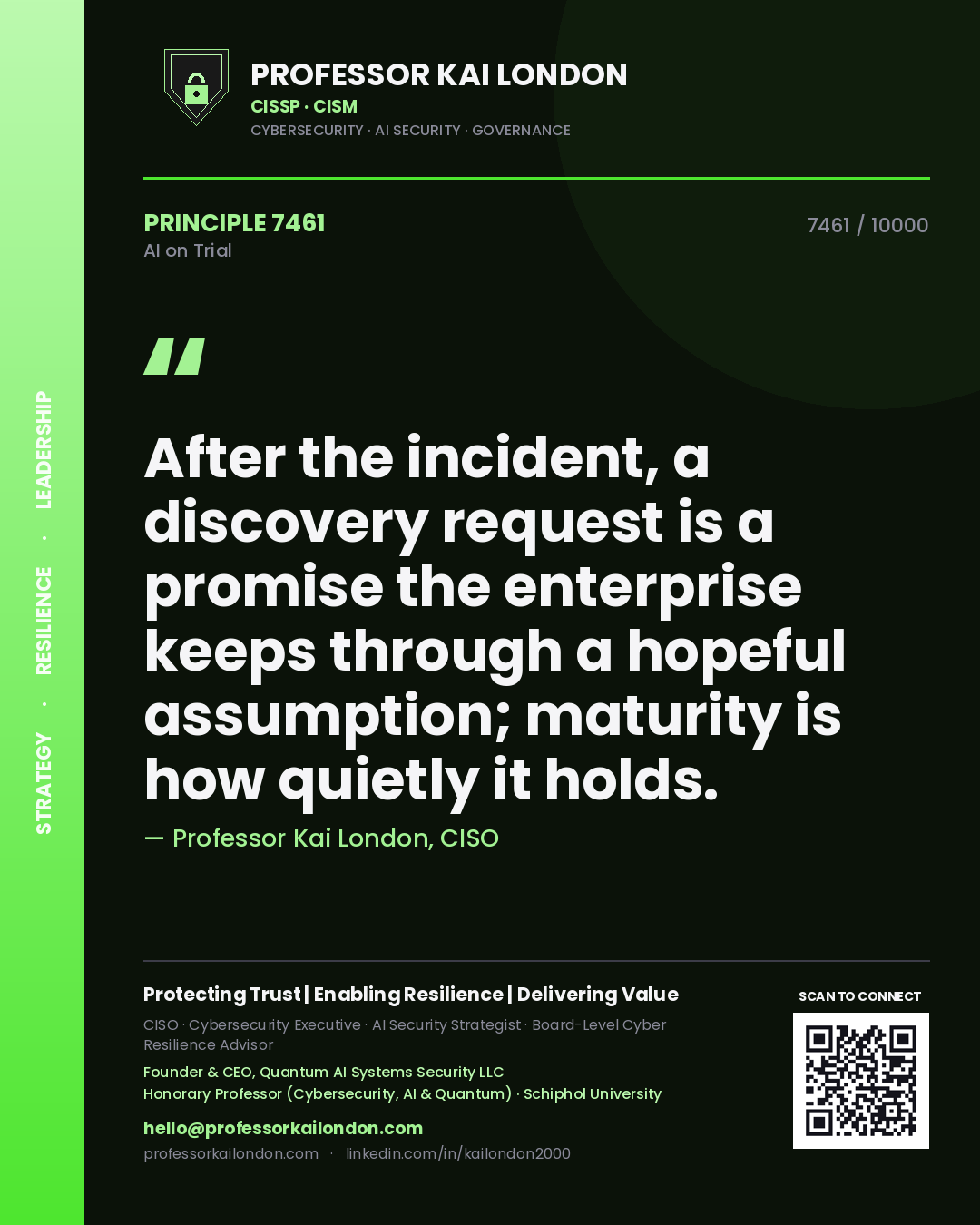 Professor Kai London principle 7461: After the incident, a discovery request is a promise the enterprise keeps through a hopeful assumption; maturity is how quietly it holds.