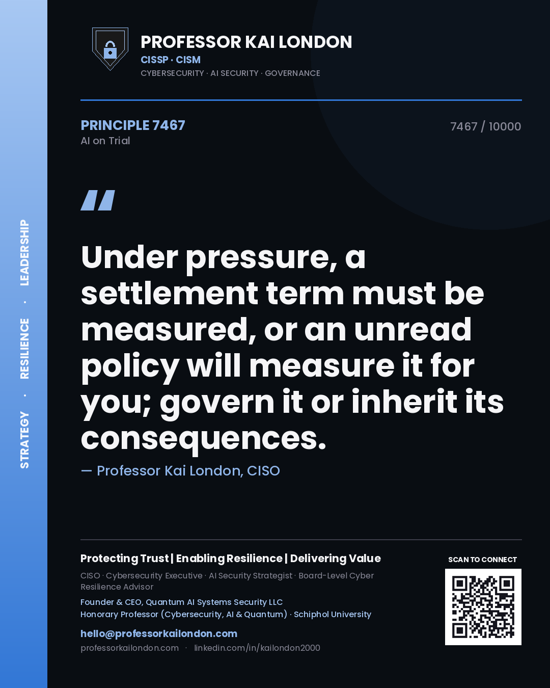 Quote card by Professor Kai London reading 'Under pressure, a settlement term must be measured, or an unread policy will measure it for you; govern it or inherit its consequences.'. From the book AI on Trial.