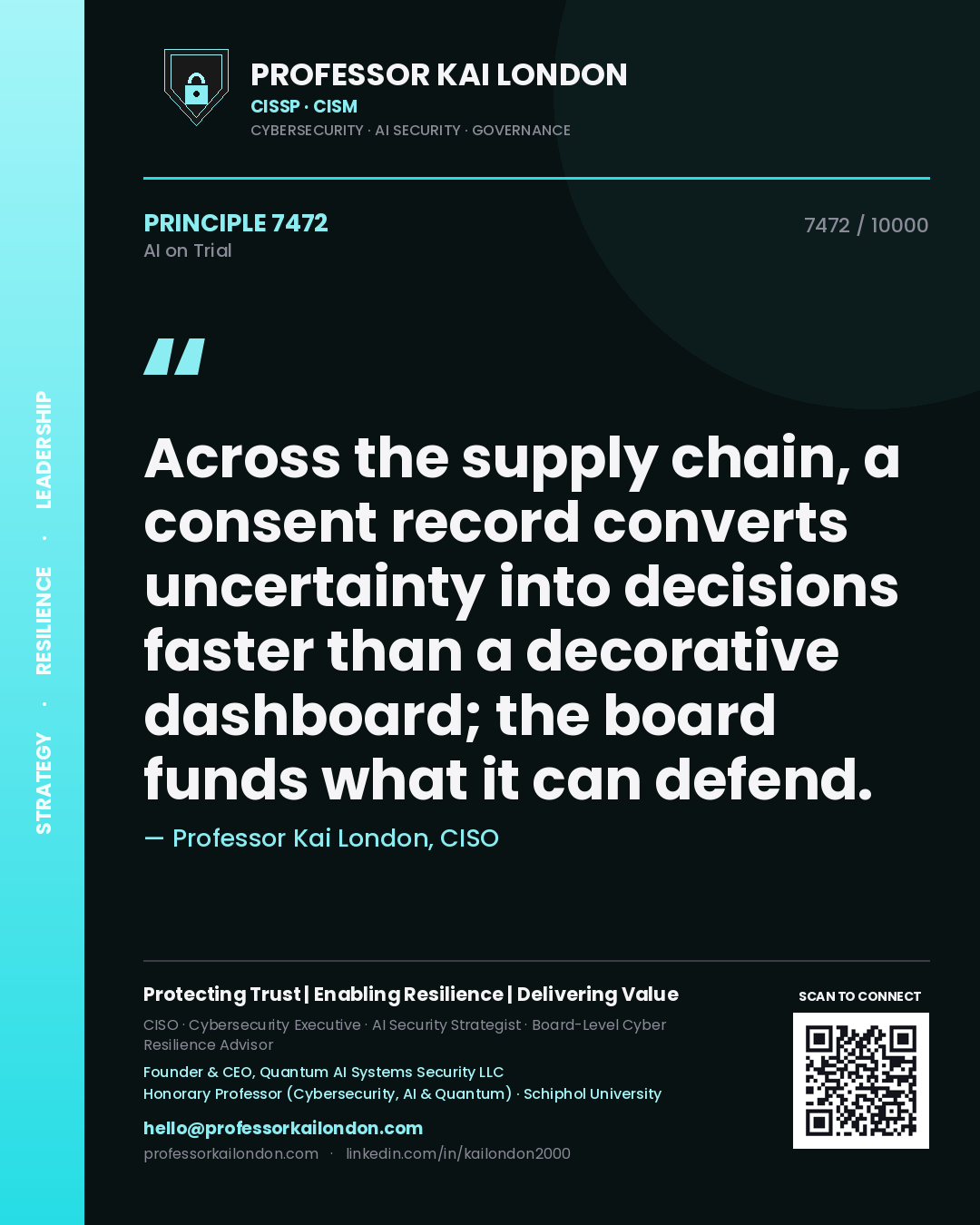 Professor Kai London principle 7472: Across the supply chain, a consent record converts uncertainty into decisions faster than a decorative dashboard; the board funds what it can defend.