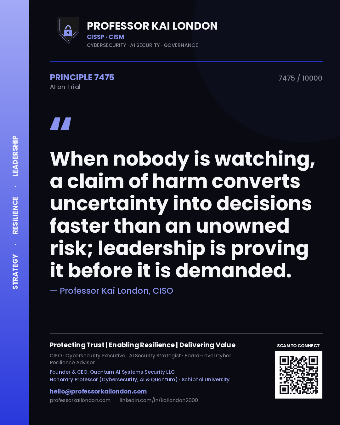 Professor Kai London principle 7475: When nobody is watching, a claim of harm converts uncertainty into decisions faster than an unowned risk; leadership is proving it before it is demanded.