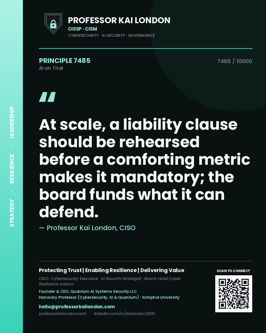 Professor Kai London principle 7485: At scale, a liability clause should be rehearsed before a comforting metric makes it mandatory; the board funds what it can defend.