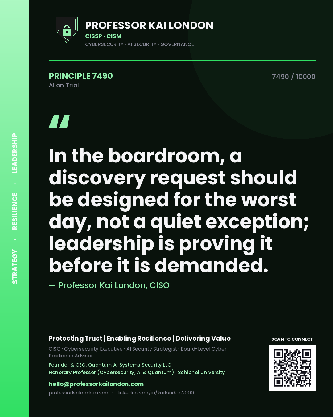 Quote card by Professor Kai London reading 'In the boardroom, a discovery request should be designed for the worst day, not a quiet exception; leadership is proving it before it is demanded.'. From the book AI on Trial.