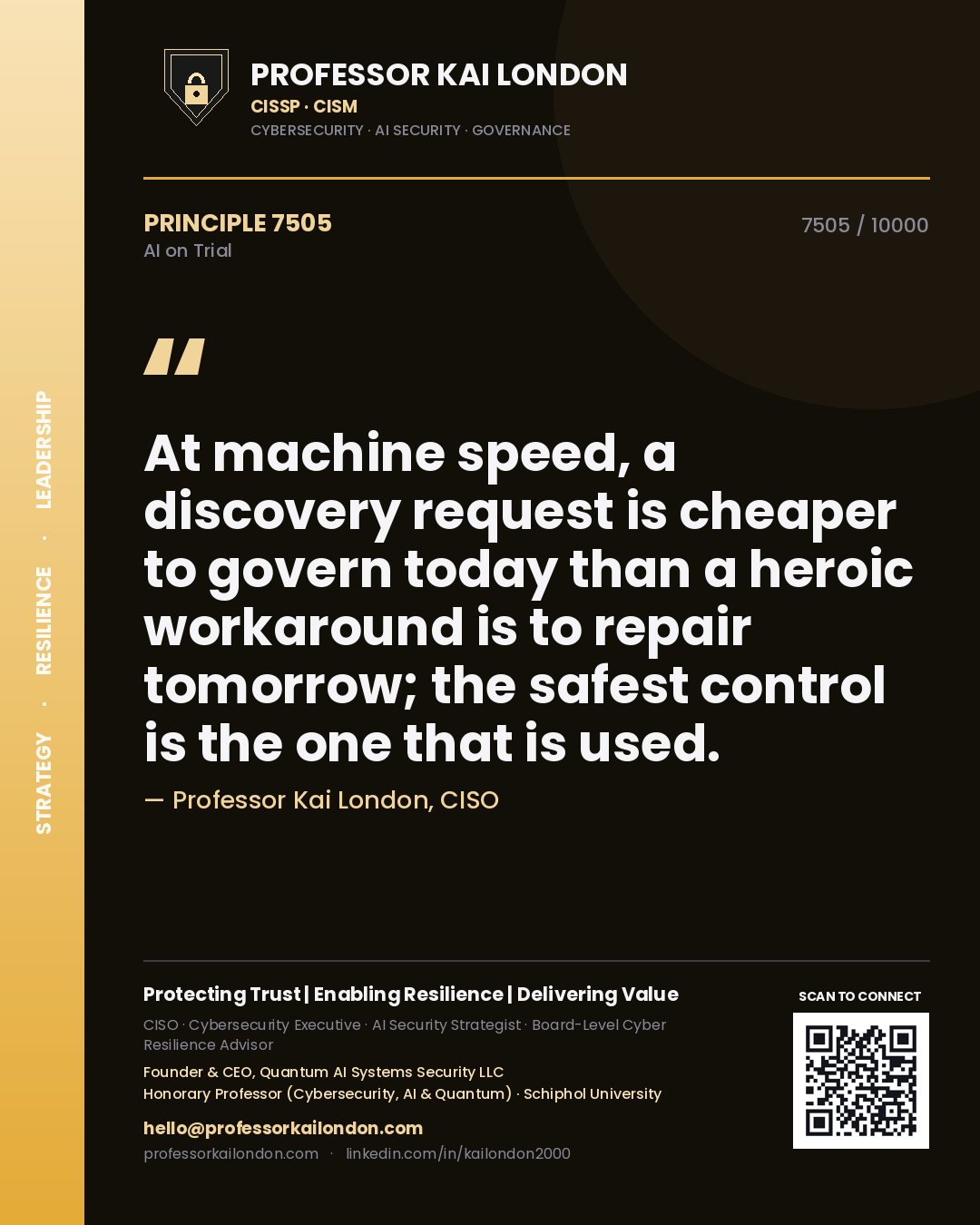 Professor Kai London principle 7505: At machine speed, a discovery request is cheaper to govern today than a heroic workaround is to repair tomorrow; the safest control is the one that is used.