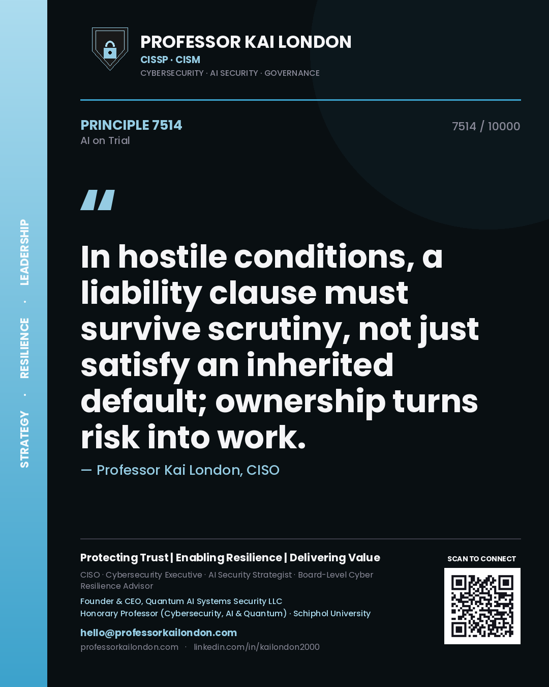 Quote card by Professor Kai London reading 'In hostile conditions, a liability clause must survive scrutiny, not just satisfy an inherited default; ownership turns risk into work.'. From the book AI on Trial.