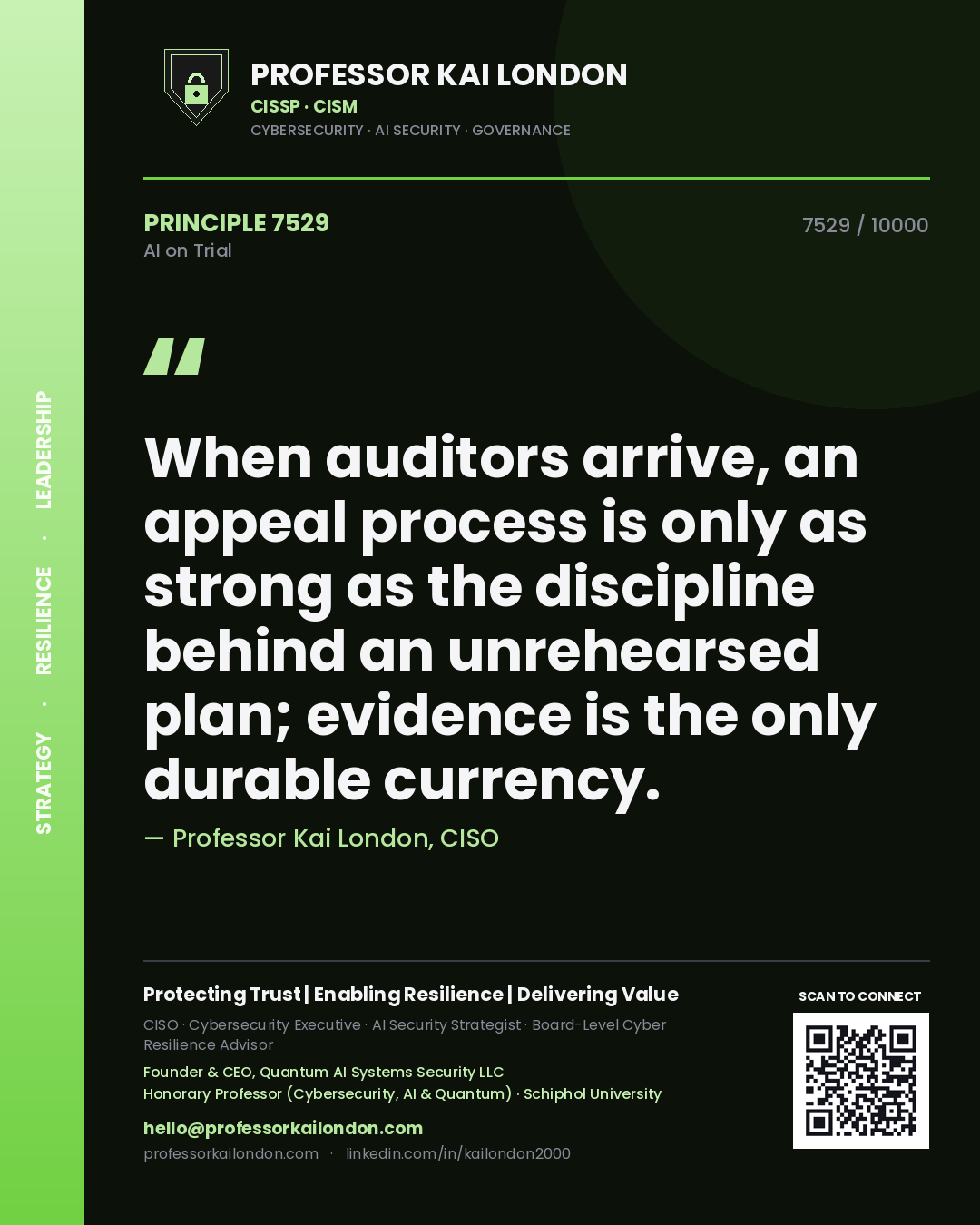 Professor Kai London principle 7529: When auditors arrive, an appeal process is only as strong as the discipline behind an unrehearsed plan; evidence is the only durable currency.