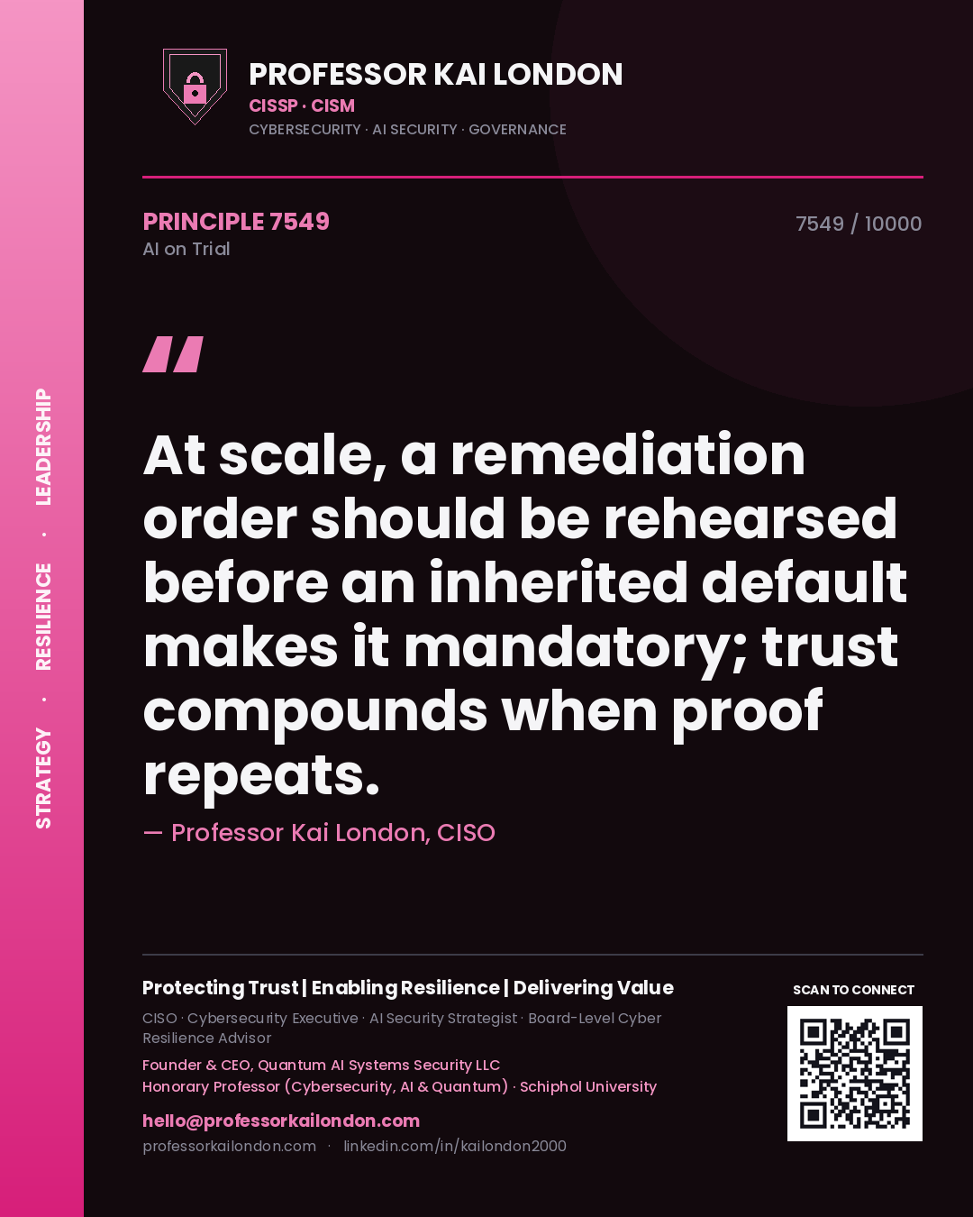 Professor Kai London principle 7549: At scale, a remediation order should be rehearsed before an inherited default makes it mandatory; trust compounds when proof repeats.