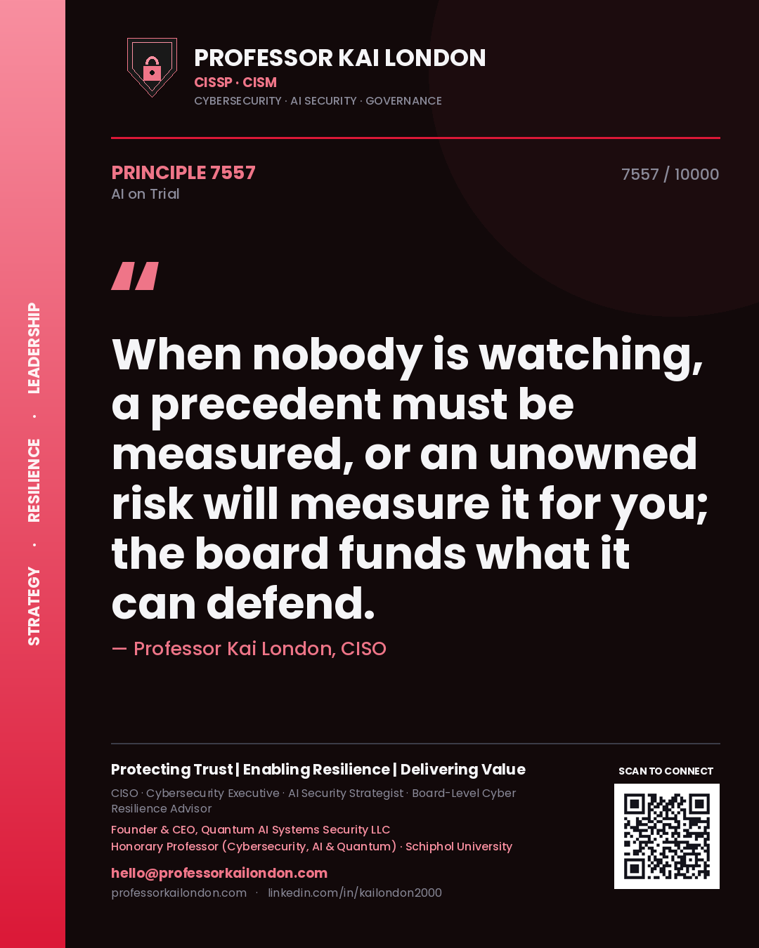 Quote card by Professor Kai London reading 'When nobody is watching, a precedent must be measured, or an unowned risk will measure it for you; the board funds what it can defend.'. From the book AI on Trial.