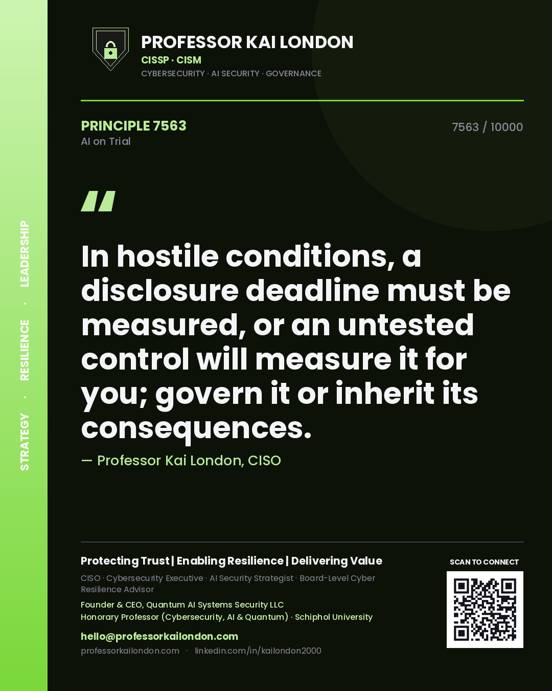 Professor Kai London principle 7563: In hostile conditions, a disclosure deadline must be measured, or an untested control will measure it for you; govern it or inherit its consequences.