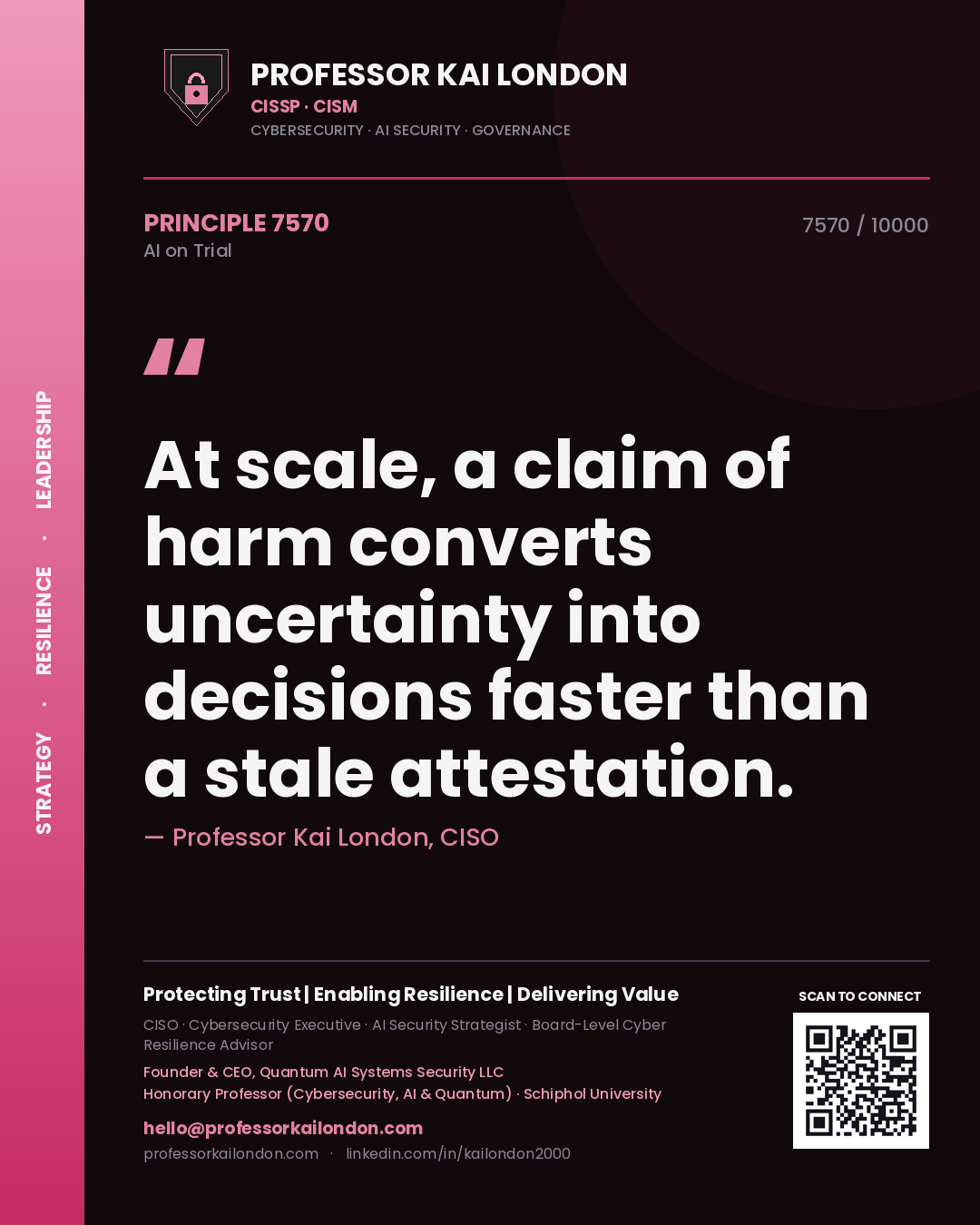 Quote card by Professor Kai London reading 'At scale, a claim of harm converts uncertainty into decisions faster than a stale attestation.'. From the book AI on Trial.