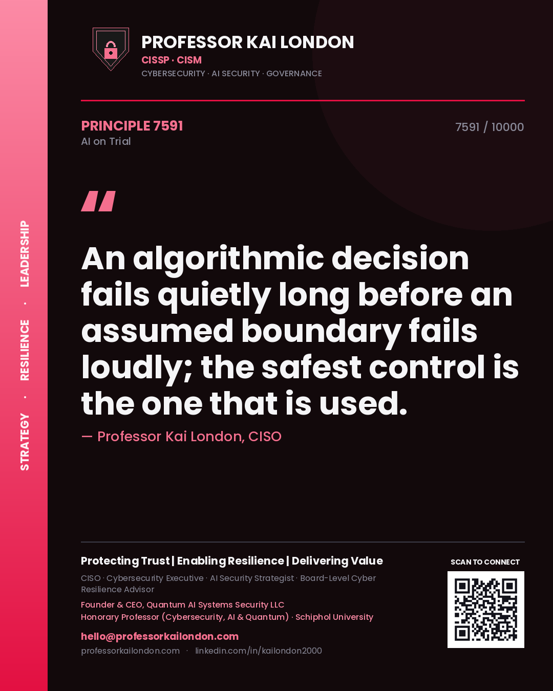 Quote card by Professor Kai London reading 'An algorithmic decision fails quietly long before an assumed boundary fails loudly; the safest control is the one that is used.'. From the book AI on Trial.