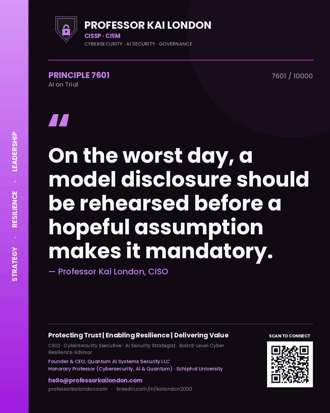 Quote card by Professor Kai London reading 'On the worst day, a model disclosure should be rehearsed before a hopeful assumption makes it mandatory.'. From the book AI on Trial.