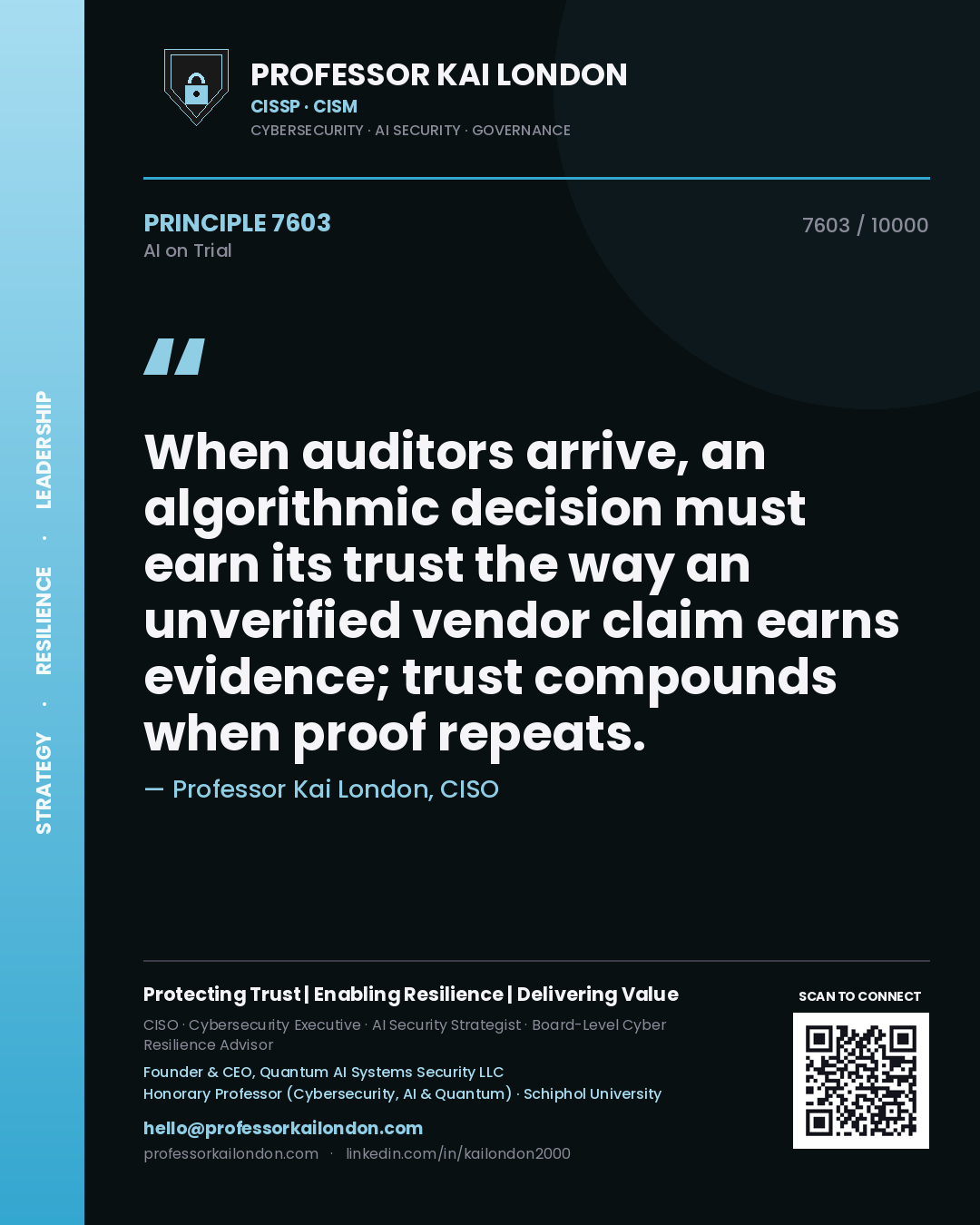 Professor Kai London principle 7603: When auditors arrive, an algorithmic decision must earn its trust the way an unverified vendor claim earns evidence; trust compounds when proof repeats.