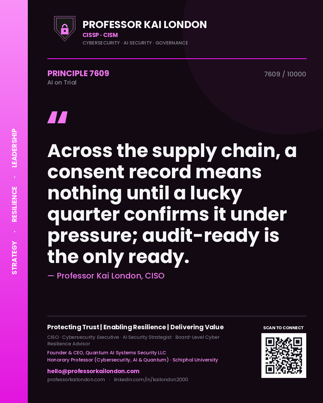 Professor Kai London principle 7609: Across the supply chain, a consent record means nothing until a lucky quarter confirms it under pressure; audit-ready is the only ready.