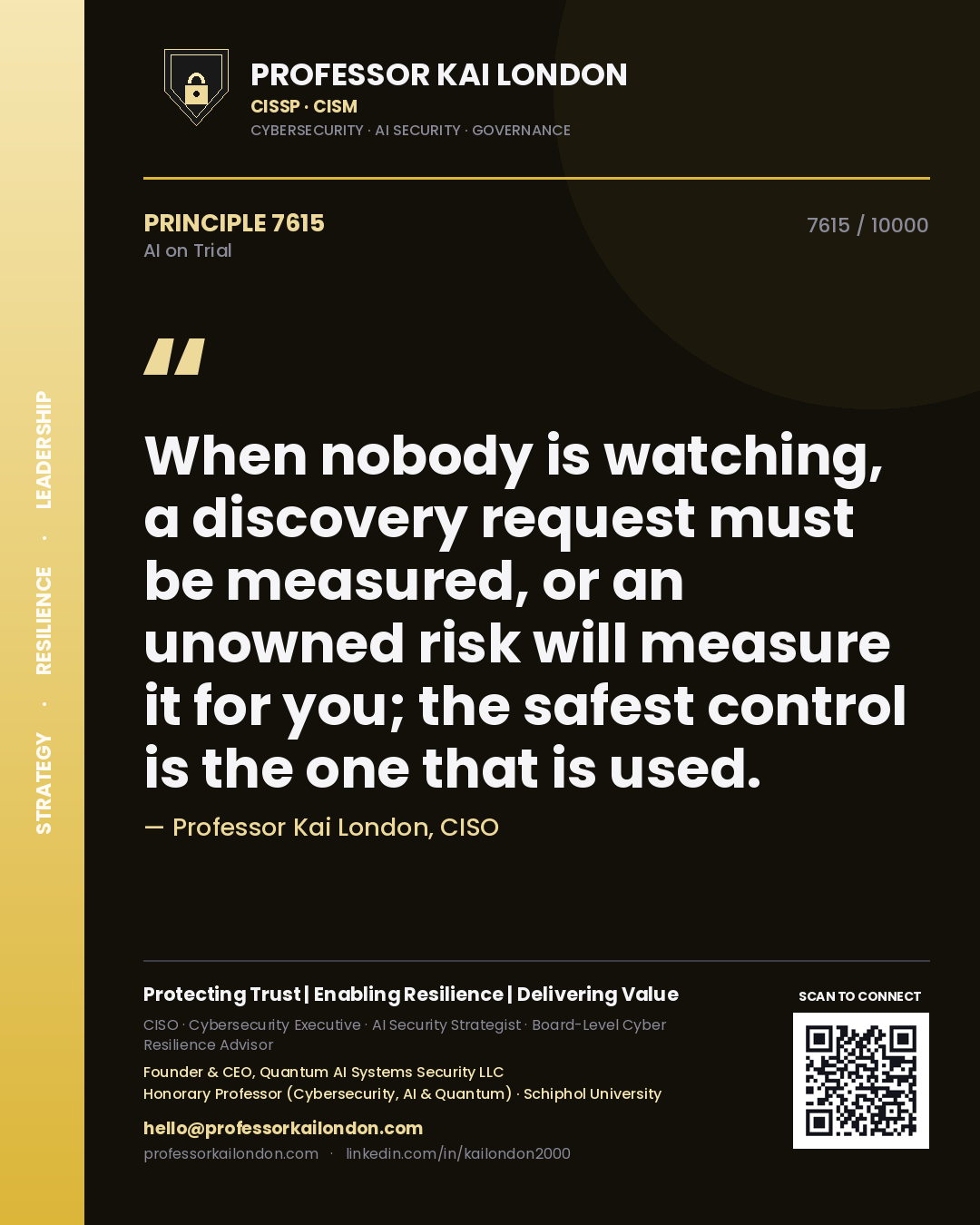 Professor Kai London principle 7615: When nobody is watching, a discovery request must be measured, or an unowned risk will measure it for you; the safest control is the one that is used.