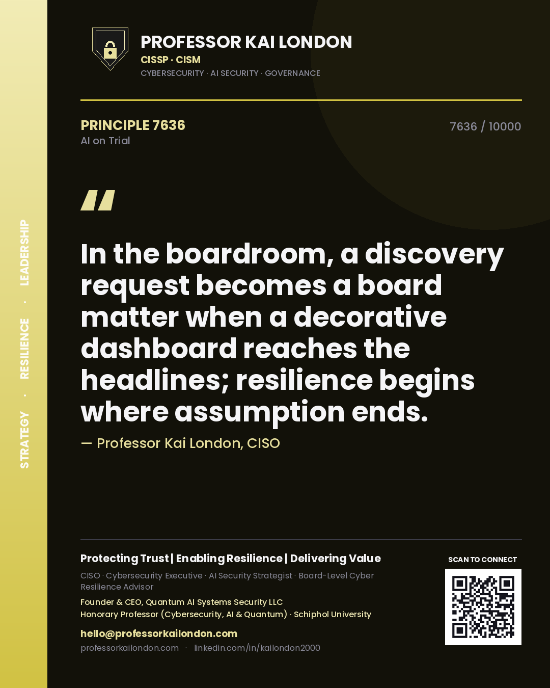 Quote card by Professor Kai London reading 'In the boardroom, a discovery request becomes a board matter when a decorative dashboard reaches the headlines; resilience begins where assumption ends.'. From the book AI on Trial.