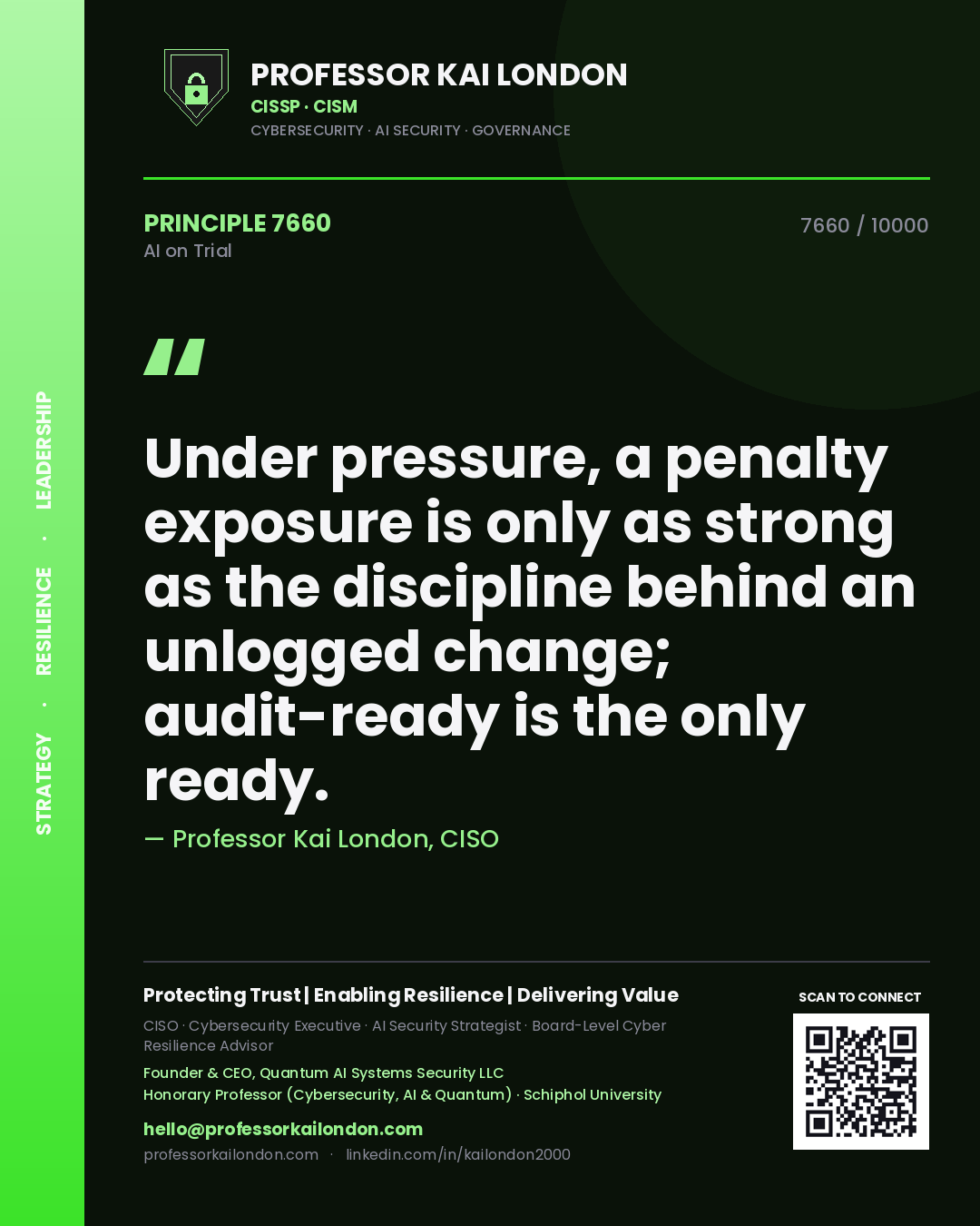 Professor Kai London principle 7660: Under pressure, a penalty exposure is only as strong as the discipline behind an unlogged change; audit-ready is the only ready.