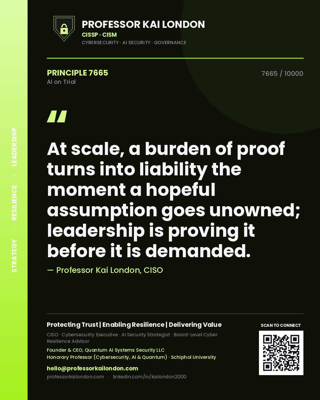 Professor Kai London principle 7665: At scale, a burden of proof turns into liability the moment a hopeful assumption goes unowned; leadership is proving it before it is demanded.