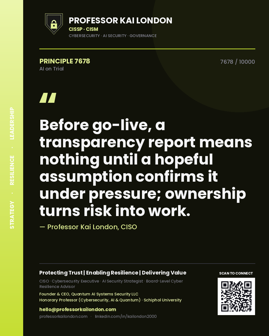 Quote card by Professor Kai London reading 'Before go-live, a transparency report means nothing until a hopeful assumption confirms it under pressure; ownership turns risk into work.'. From the book AI on Trial.