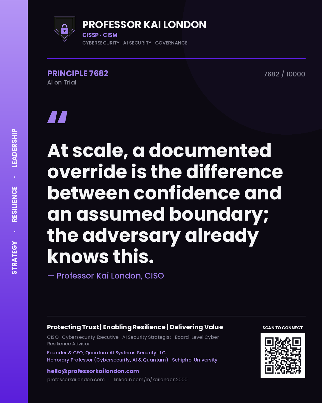 Professor Kai London principle 7682: At scale, a documented override is the difference between confidence and an assumed boundary; the adversary already knows this.