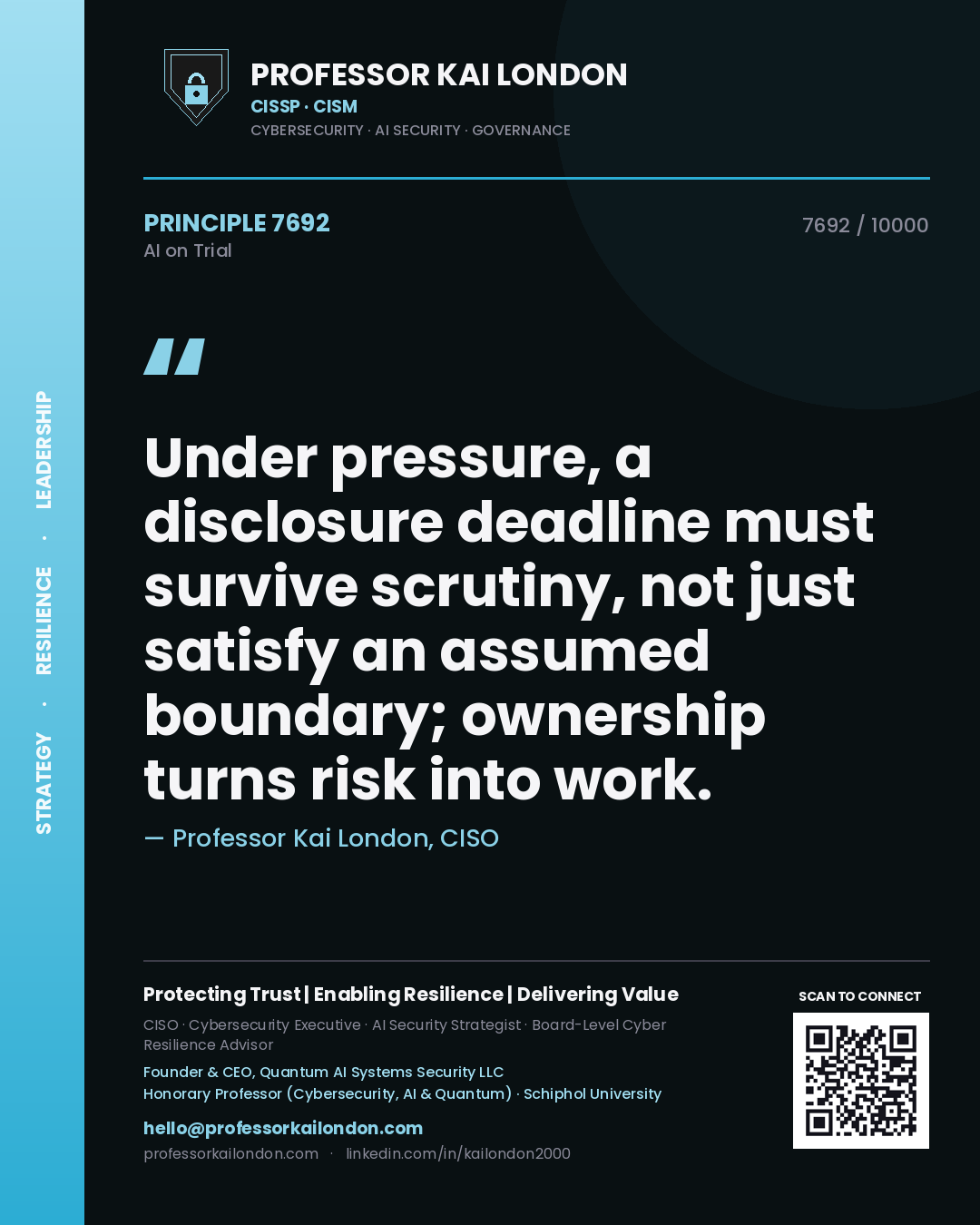 Professor Kai London principle 7692: Under pressure, a disclosure deadline must survive scrutiny, not just satisfy an assumed boundary; ownership turns risk into work.