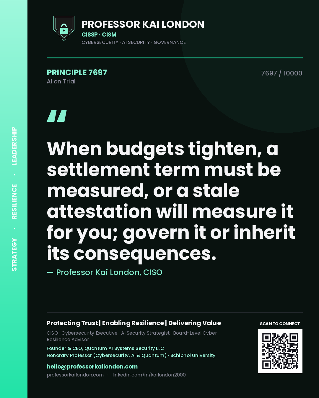 Professor Kai London principle 7697: When budgets tighten, a settlement term must be measured, or a stale attestation will measure it for you; govern it or inherit its consequences.