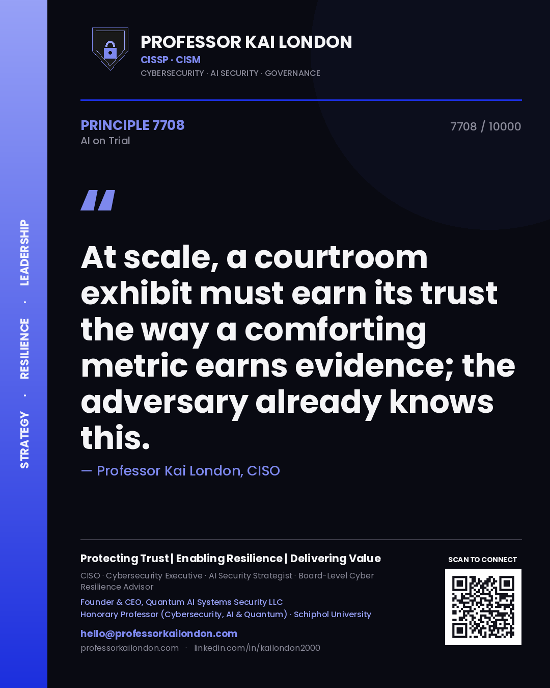 Quote card by Professor Kai London reading 'At scale, a courtroom exhibit must earn its trust the way a comforting metric earns evidence; the adversary already knows this.'. From the book AI on Trial.