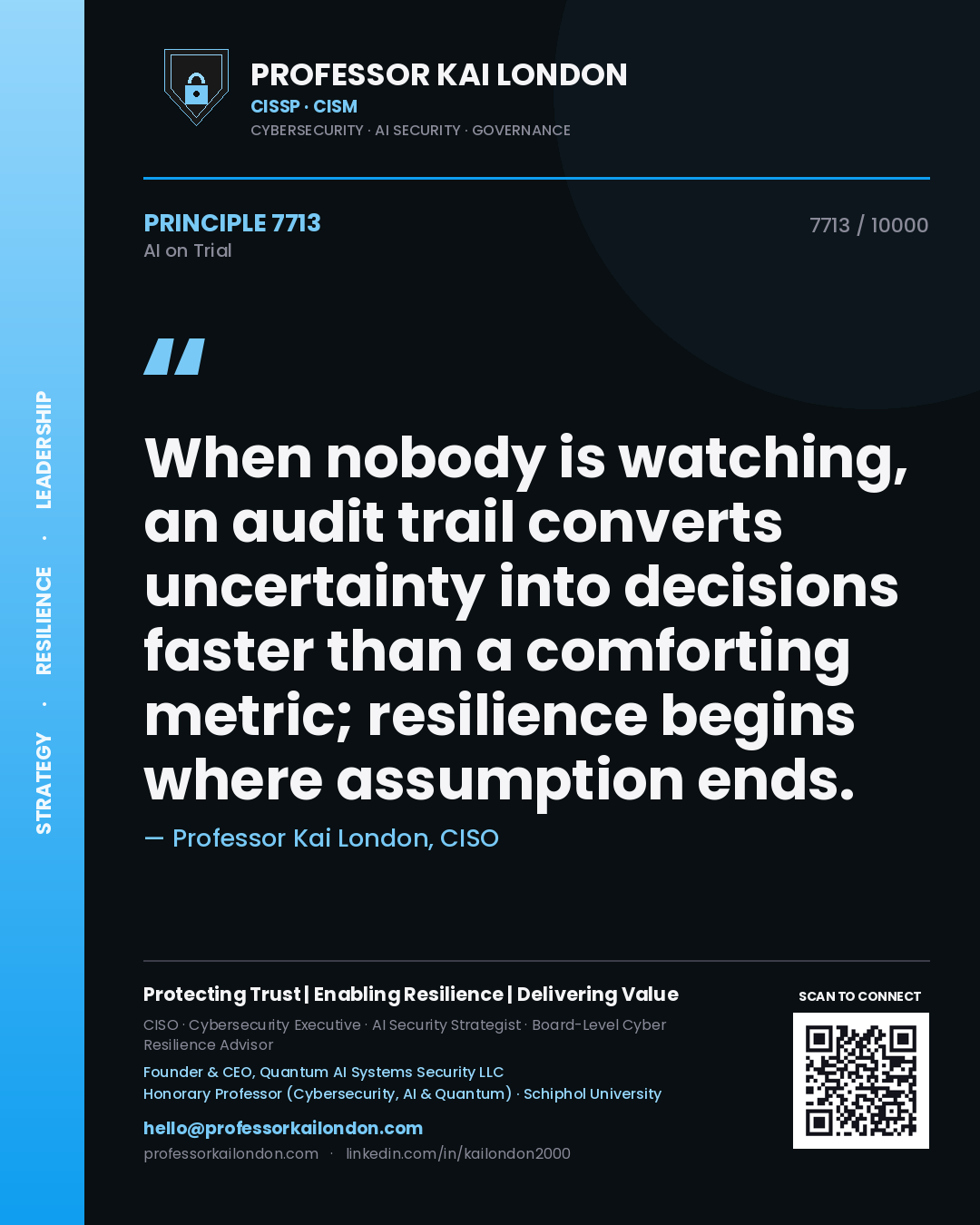 Quote card by Professor Kai London reading 'When nobody is watching, an audit trail converts uncertainty into decisions faster than a comforting metric; resilience begins where assumption ends.'. From the book AI on Trial.