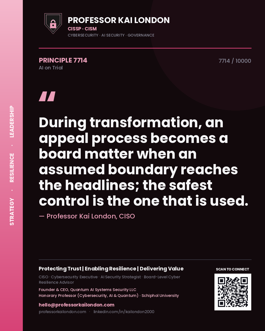 Quote card by Professor Kai London reading 'During transformation, an appeal process becomes a board matter when an assumed boundary reaches the headlines; the safest control is the one that is used.'. From the book AI on Trial.