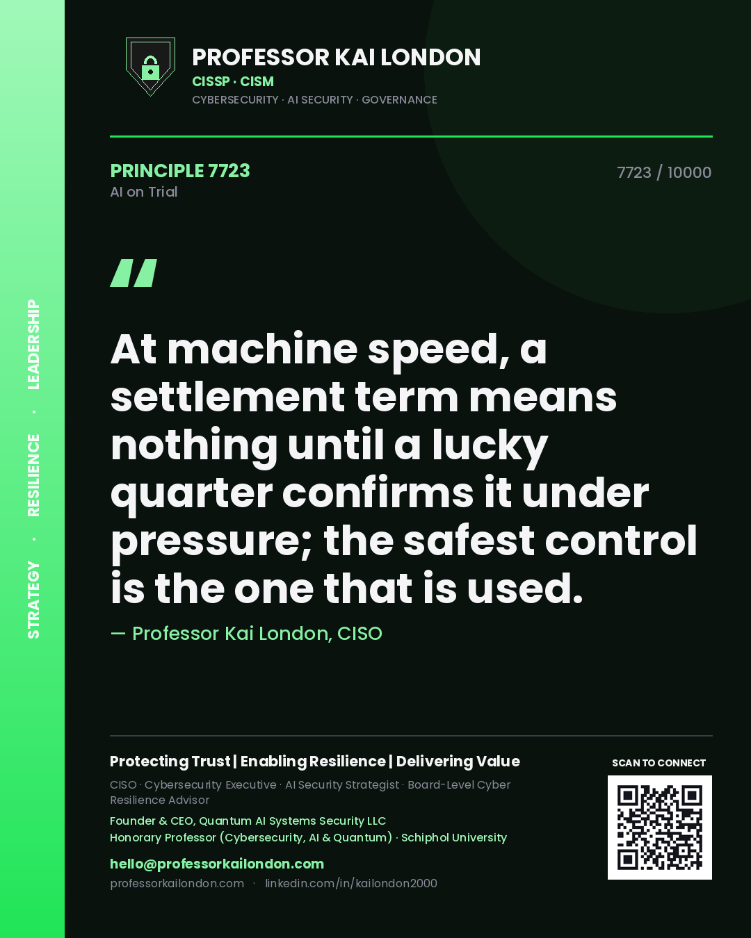 Quote card by Professor Kai London reading 'At machine speed, a settlement term means nothing until a lucky quarter confirms it under pressure; the safest control is the one that is used.'. From the book AI on Trial.