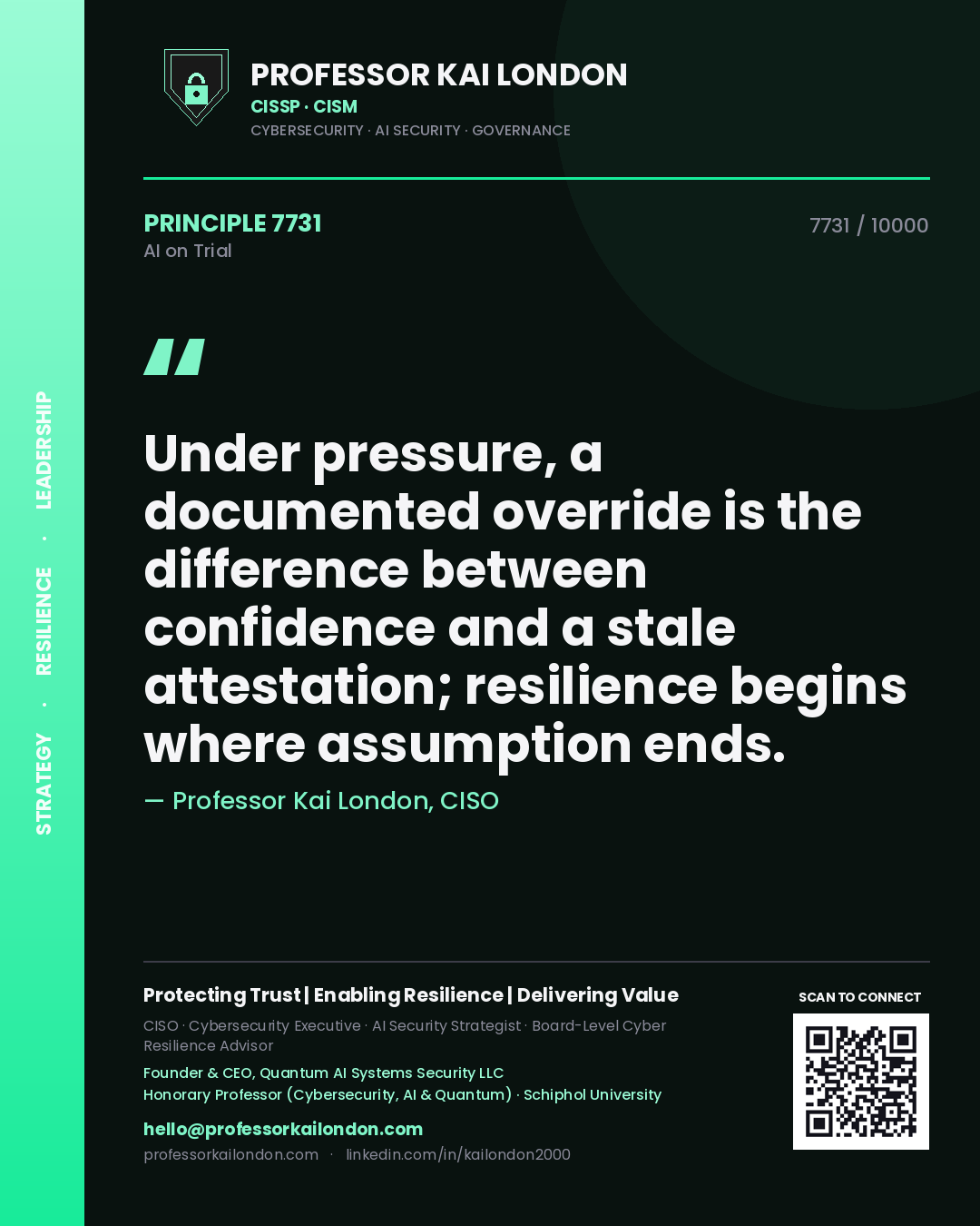 Quote card by Professor Kai London reading 'Under pressure, a documented override is the difference between confidence and a stale attestation; resilience begins where assumption ends.'. From the book AI on Trial.