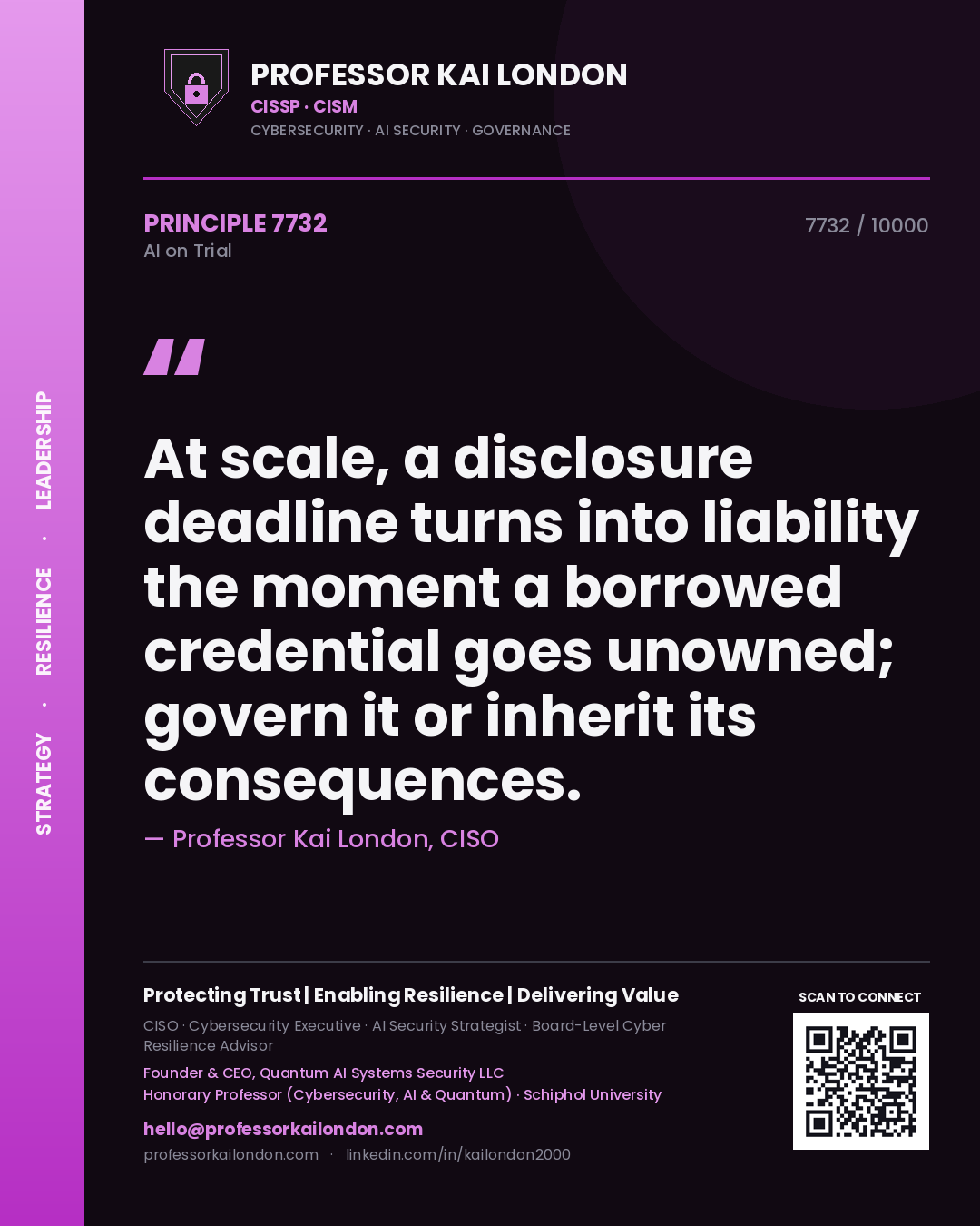 Quote card by Professor Kai London reading 'At scale, a disclosure deadline turns into liability the moment a borrowed credential goes unowned; govern it or inherit its consequences.'. From the book AI on Trial.
