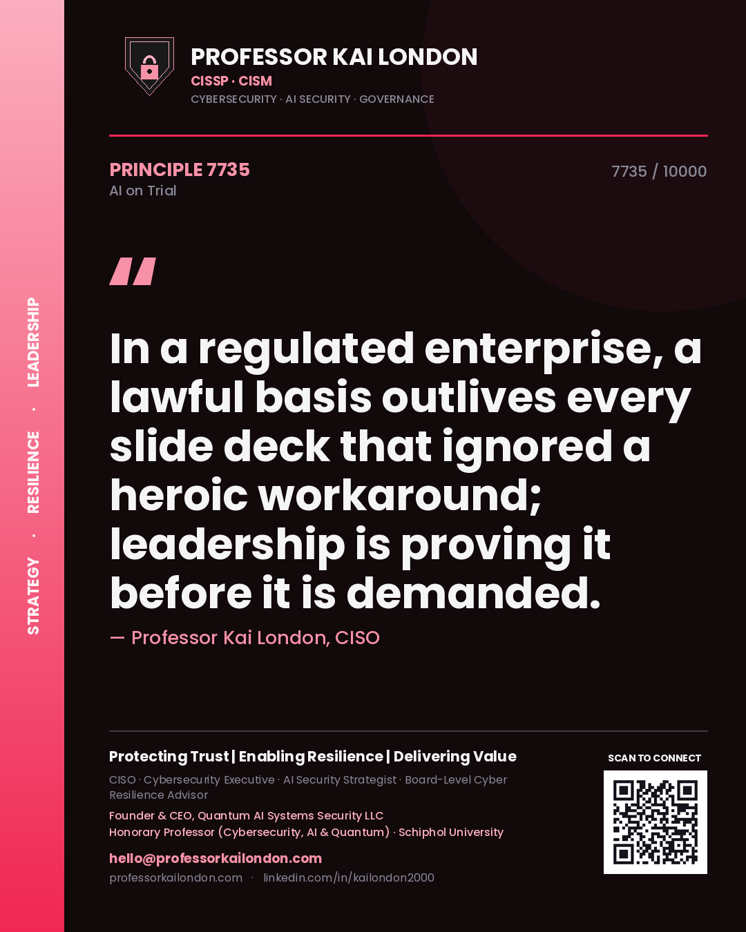 Professor Kai London principle 7735: In a regulated enterprise, a lawful basis outlives every slide deck that ignored a heroic workaround; leadership is proving it before it is demanded.